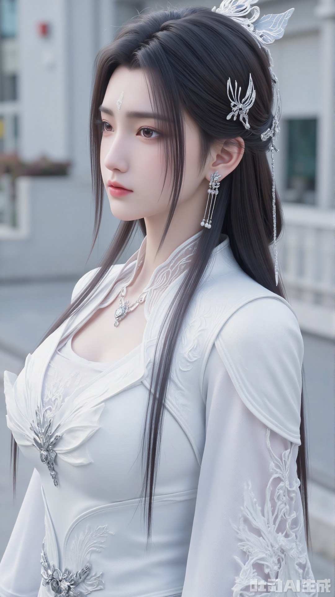 1girl, long hair, facial mark, forehead mark, white dress, solo, dress, black hair, jewelry, earrings, hair bun, hair ornament, mischevious smile, perfect body, scenery, sharp focus, best quality, masterpiece, detailed outfit, illustration, perfect eyes, finely detailed beautiful anime eyes, realistic skin, intricate details, best lighting, depth of field, ultra high resolution,cowboy_shot