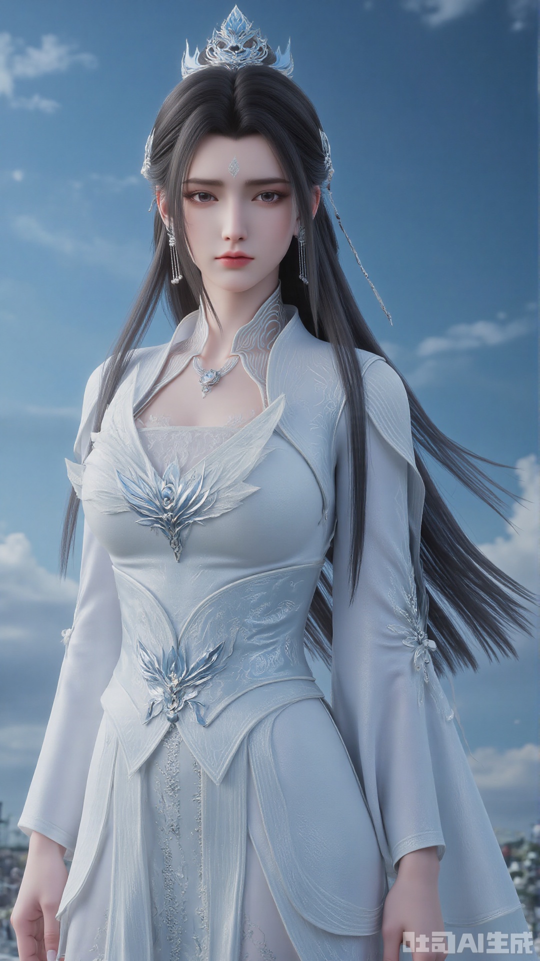 1girl, long hair, facial mark, forehead mark, white dress, solo, dress, black hair, jewelry, earrings, hair bun, hair ornament, mischevious smile, perfect body, scenery, sharp focus, best quality, masterpiece, detailed outfit, illustration, perfect eyes, finely detailed beautiful anime eyes, realistic skin, intricate details, best lighting, depth of field, ultra high resolution,cowboy_shot