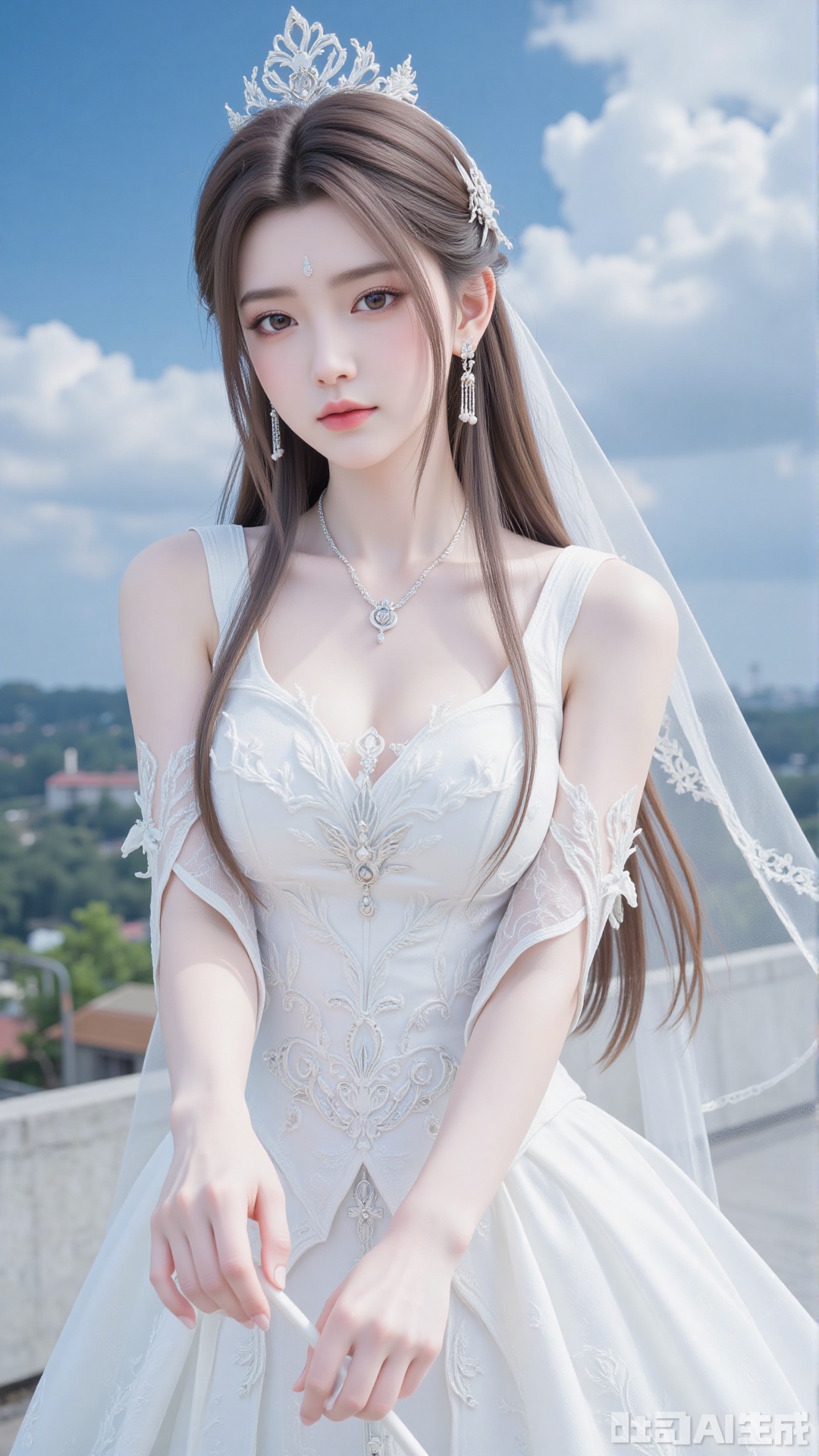 1girl, white wedding dress,looking at viewer, mischevious smile, perfect body, scenery, sharp focus, best quality, masterpiece, detailed outfit, illustration, perfect eyes, finely detailed beautiful anime eyes, realistic skin, intricate details, best lighting, depth of field, ultra high resolution, cowboy_shot, bride