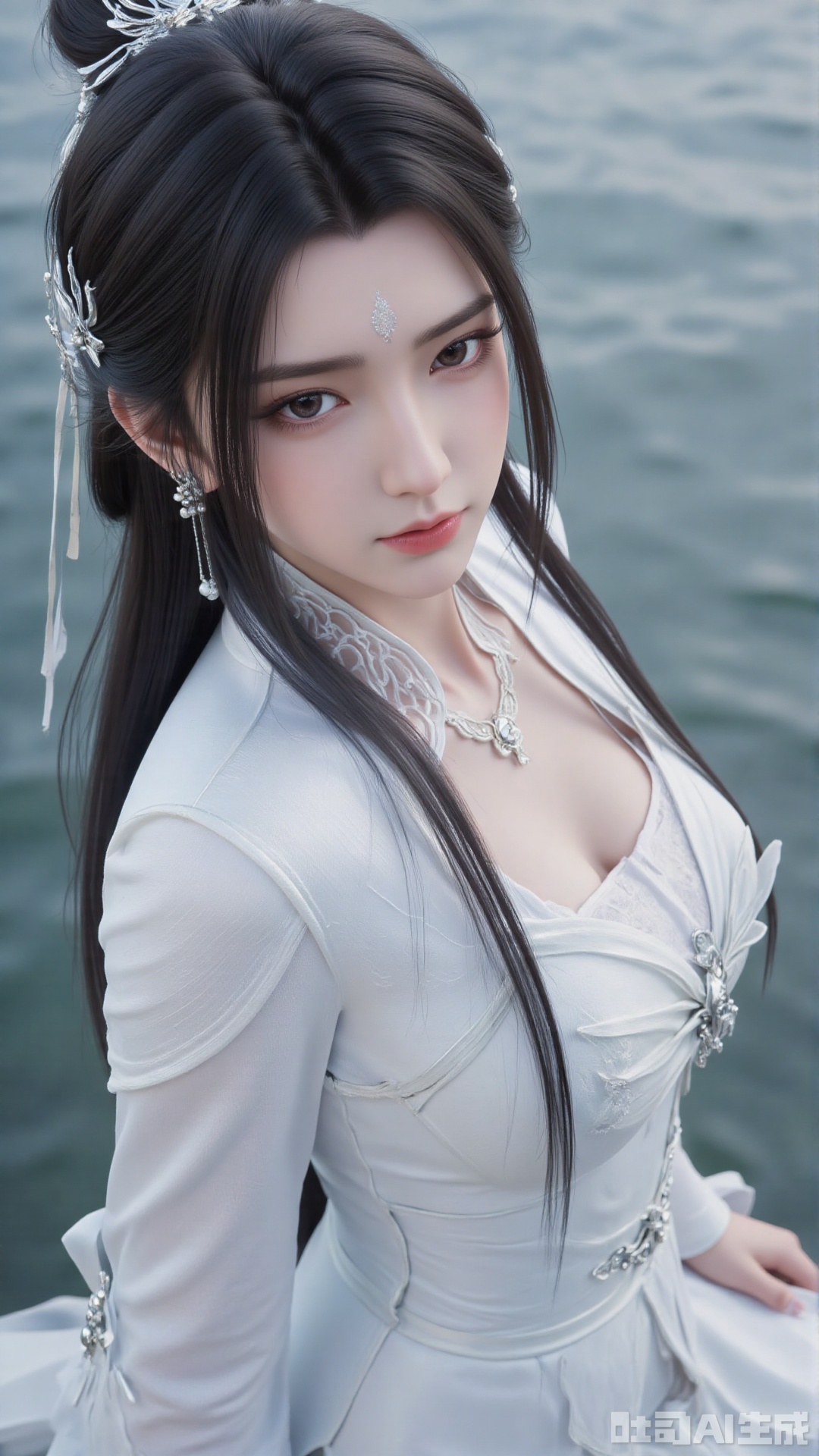 1girl, long hair, facial mark, forehead mark, white dress, solo, dress, black hair, jewelry, earrings, hair bun, hair ornament, mischevious smile, perfect body, scenery, sharp focus, best quality, masterpiece, detailed outfit, illustration, perfect eyes, finely detailed beautiful anime eyes, realistic skin, intricate details, best lighting, depth of field, ultra high resolution,cowboy_shot