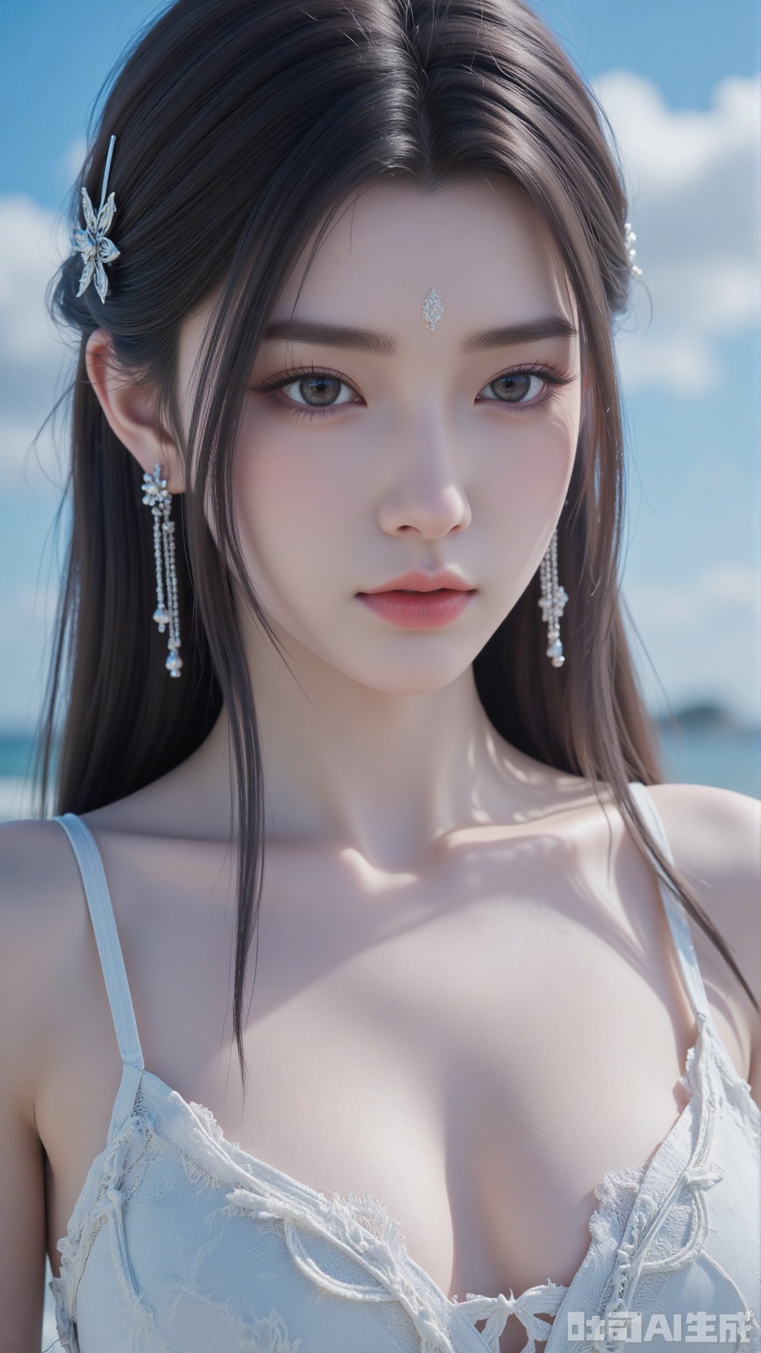 Very detailed face, extremely detailed eyes and face, blue eyes, (vacuum), 8K wallpaper, light leak, beautiful and detailed girl, extremely detailed CGUnity8K wallpaper, an extremely detailed and beautiful, beautiful and detailed eyes, masterpiece, best quality, Real photo level, (frontal shooting panoramic perspective), ( (Full body photo)), dynamic angle, dynamic pose, solo, ancient style silver hairpin with petals, blue sky and white clouds, (C cup), (huge round breasts), slender legs, super good figure, stunning beauty, (whole body in the mirror) , (wearing Lolita nightgown), (light reflects the shadow of the body through the clothes),vacuum,bare and smooth