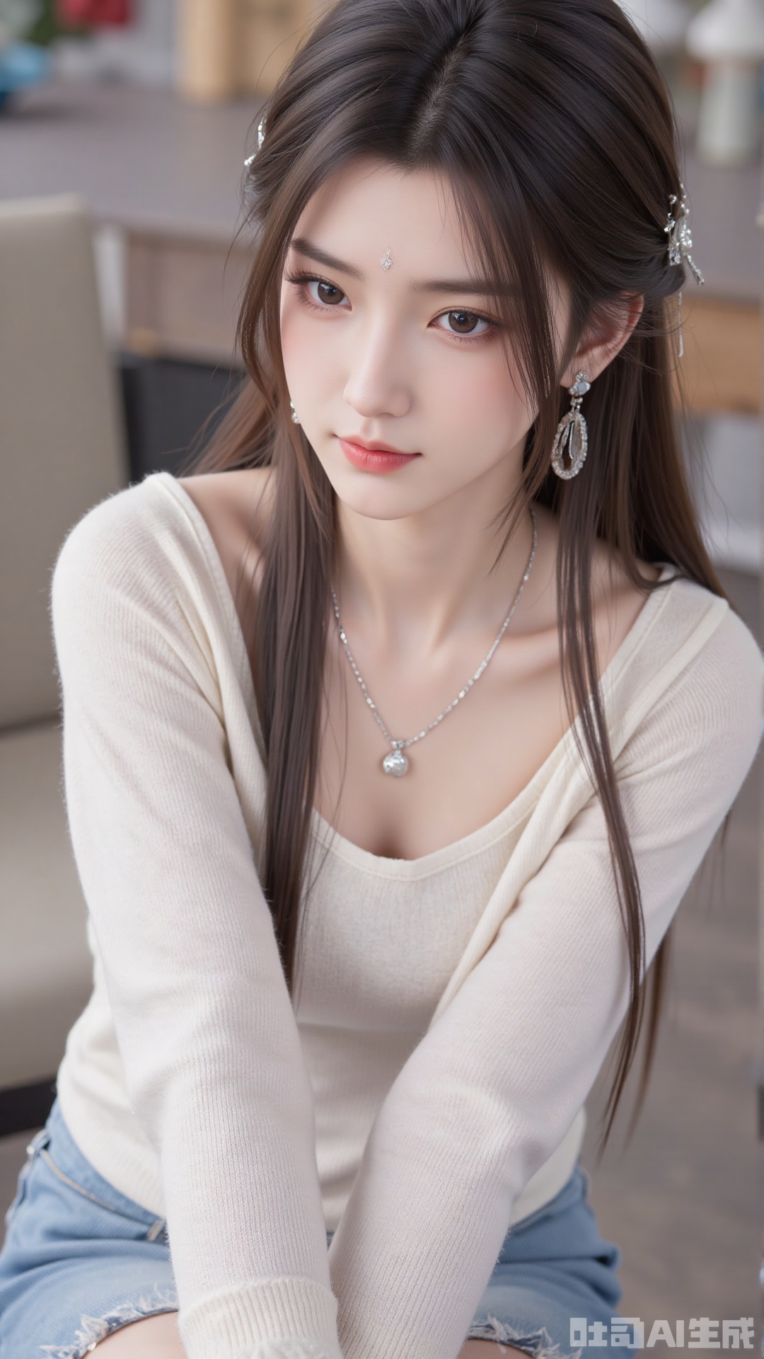 1girl, solo, long hair, looking at viewer, smile, sitting, collarbone, off shoulder, sweater, messy hair, realistic