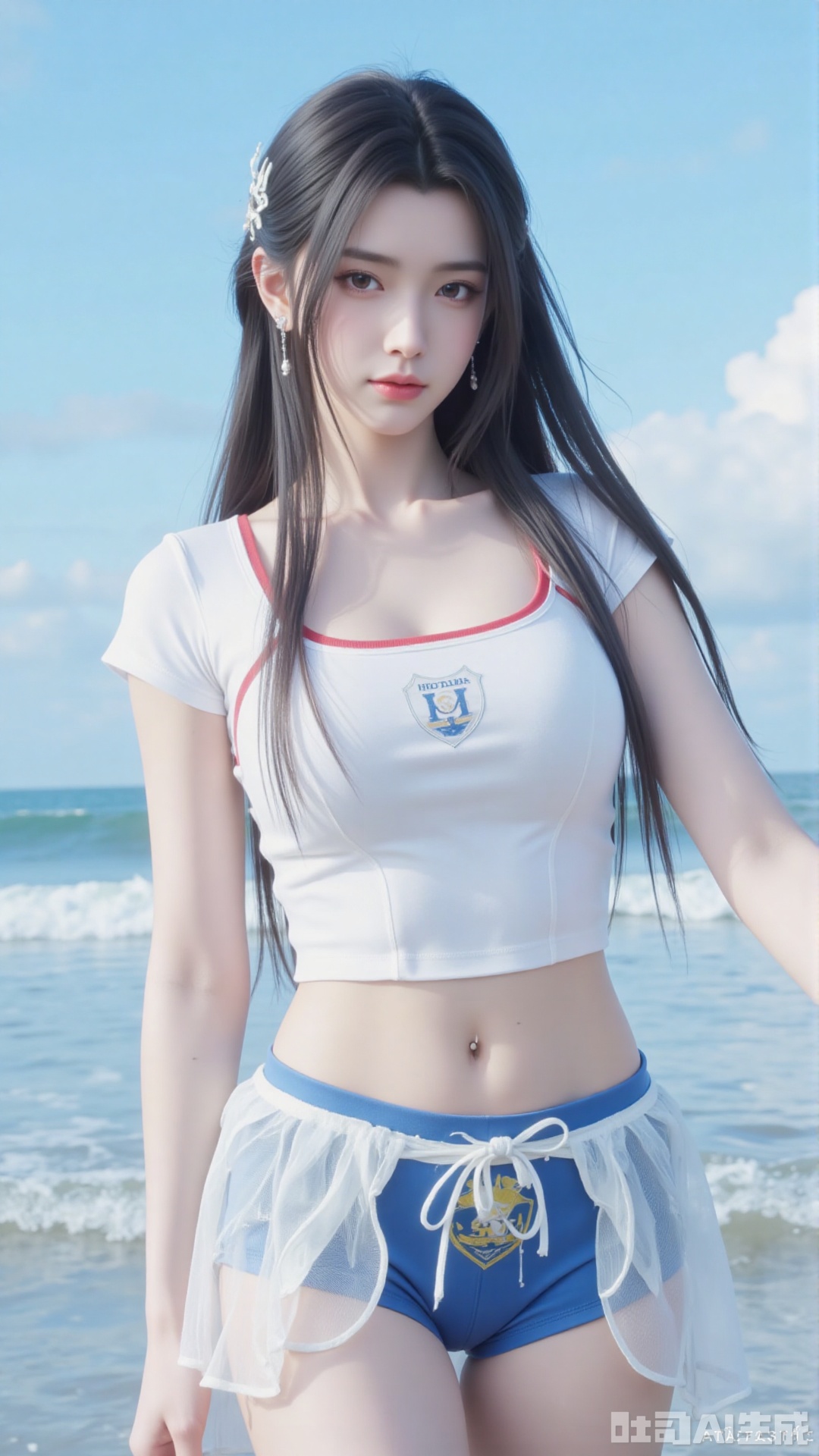 Korean girl, single, showing navel, long hair, thighs, wearing shirt, outdoors, looking at viewer, realistic style, with water and sky, daytime, fair thighs, white tube top, short top, sea, lips, blue sky, short sleeves, smile, clouds, dark eyes, big eyes Eyes, plump breasts, plump breasts, chest, looking at the audience, looking at the screen, bare shoulders, collarbone, standing in the sea, (((upper body red short-sleeved, short top)), (((wearing a translucent The white gauze skirt and blue swimming trunks with the school team logo)) were soaked in the water and were soaked.