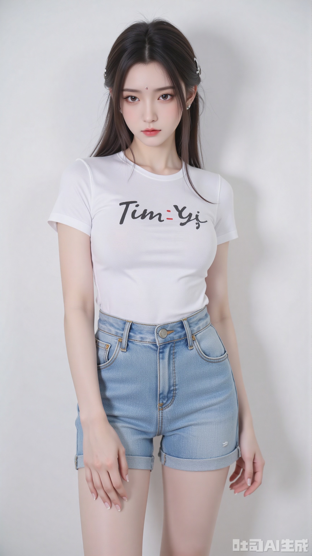 White t-shirt with ”Tim_Yi“ written on it, jeans shorts,1girl