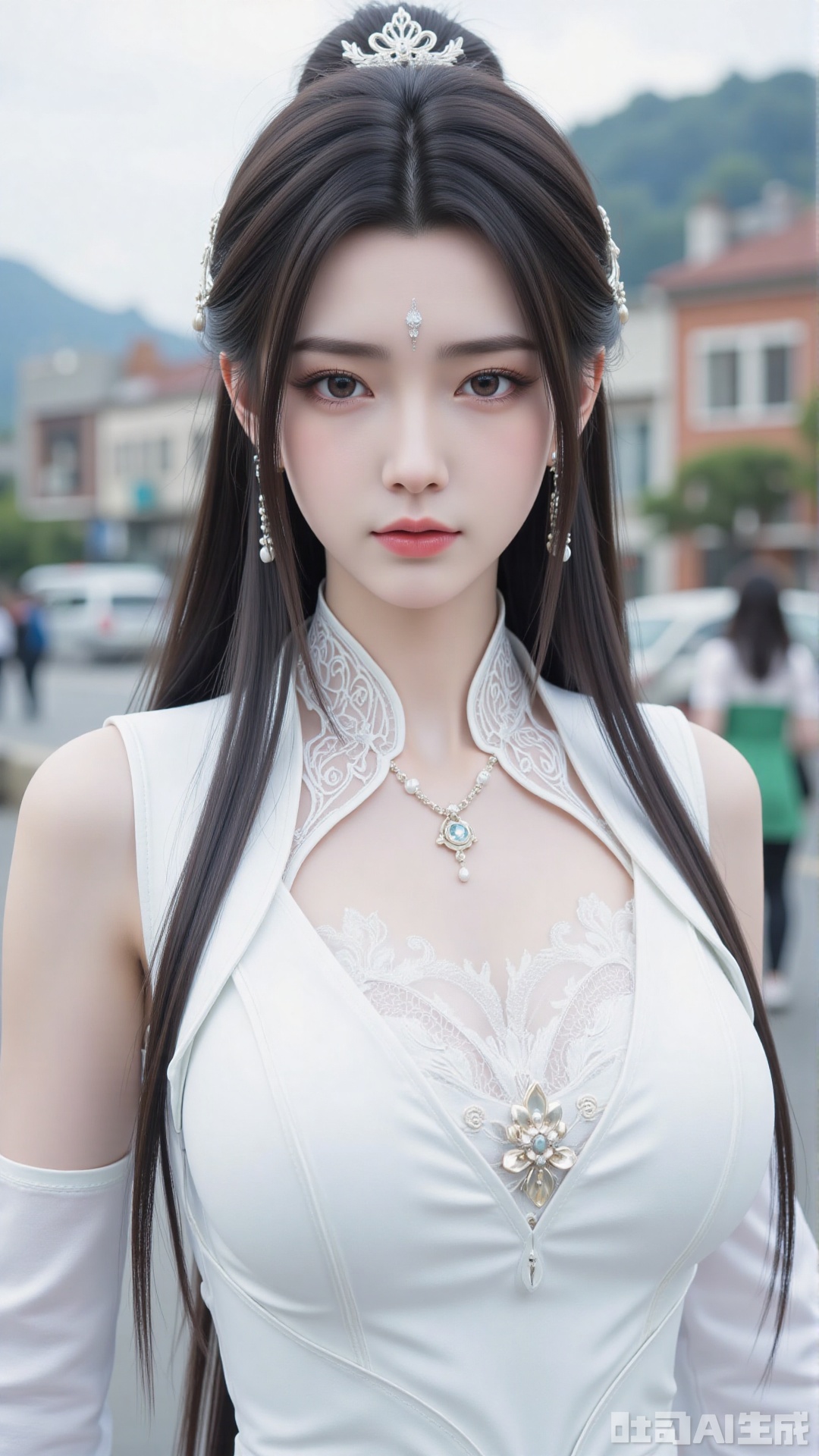 1girl, long hair, facial mark, forehead mark, white dress, solo, dress, black hair, jewelry, earrings, hair bun, hair ornament, mischevious smile, perfect body, scenery, sharp focus, best quality, masterpiece, detailed outfit, illustration, perfect eyes, finely detailed beautiful anime eyes, realistic skin, intricate details, best lighting, depth of field, ultra high resolution,cowboy_shot