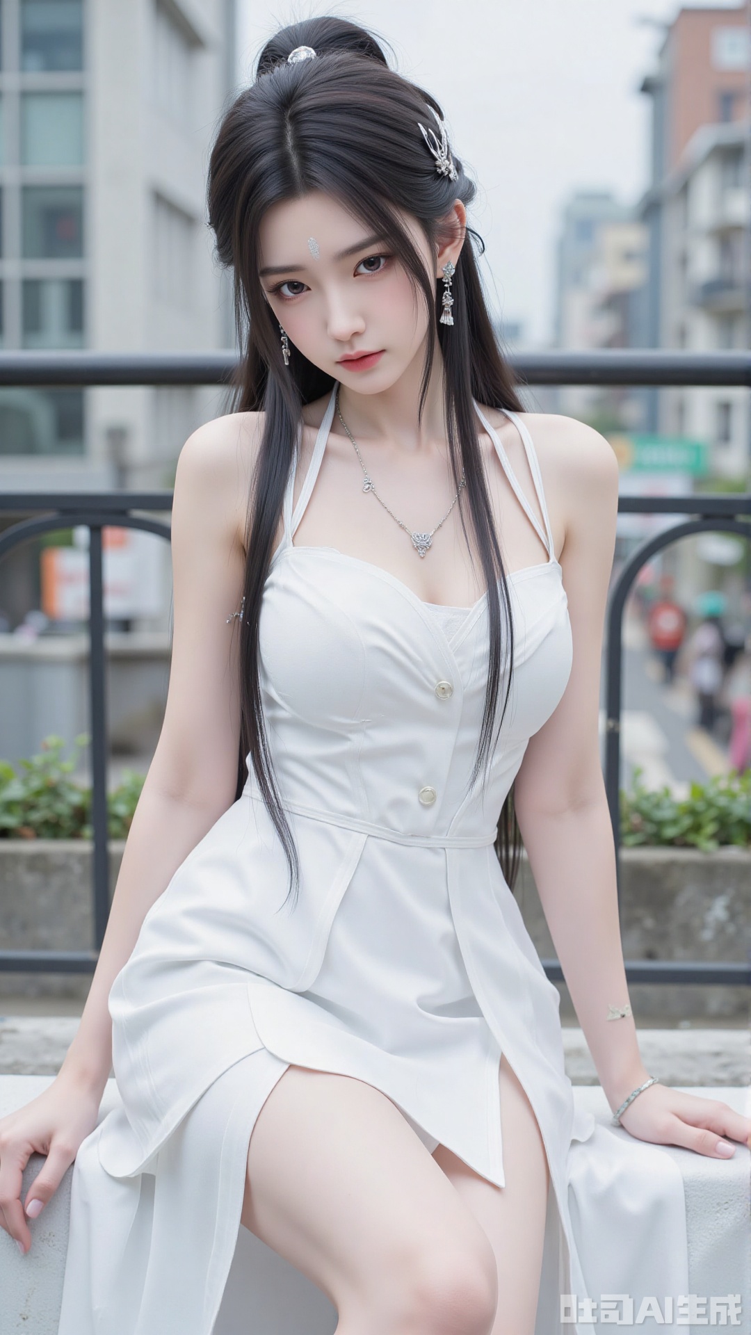 1girl, long hair, facial mark, forehead mark, white dress, solo, dress, black hair, jewelry, earrings, hair bun, hair ornament, mischevious smile, perfect body, scenery, sharp focus, best quality, masterpiece, detailed outfit, illustration, perfect eyes, finely detailed beautiful anime eyes, realistic skin, intricate details, best lighting, depth of field, ultra high resolution,sitting
