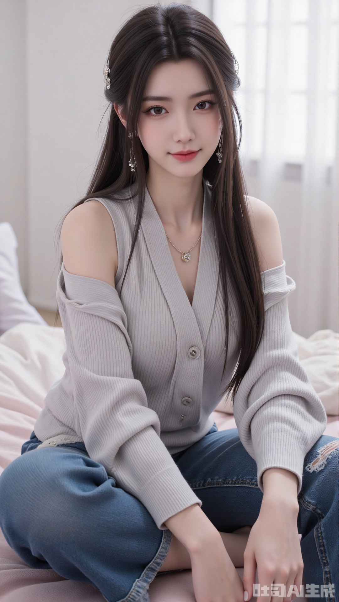 1girl, solo, long hair, looking at viewer, smile, sitting, collarbone, off shoulder, sweater, messy hair, realistic