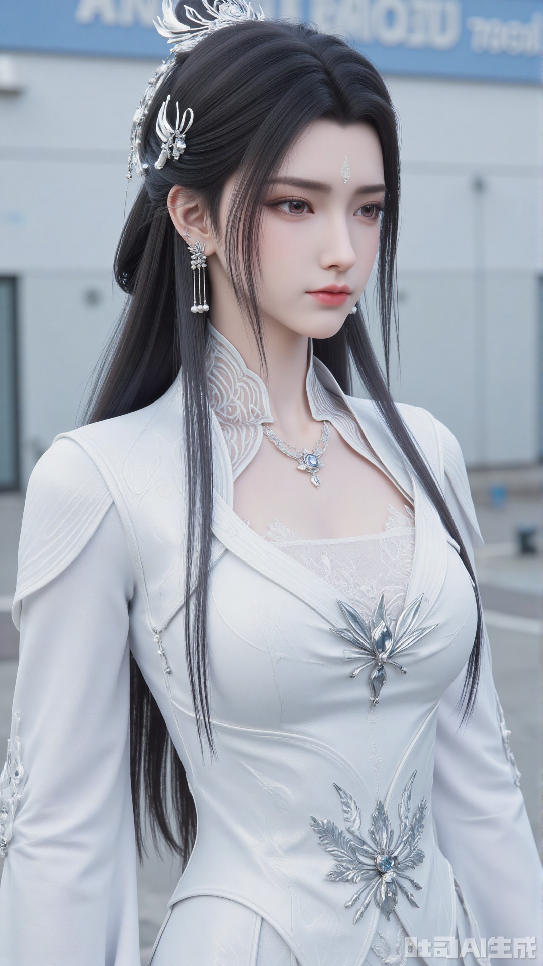 1girl, long hair, facial mark, forehead mark, white dress, solo, dress, black hair, jewelry, earrings, hair bun, hair ornament, mischevious smile, perfect body, scenery, sharp focus, best quality, masterpiece, detailed outfit, illustration, perfect eyes, finely detailed beautiful anime eyes, realistic skin, intricate details, best lighting, depth of field, ultra high resolution,cowboy_shot