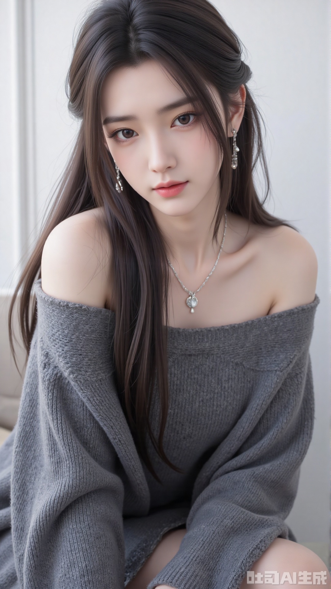 1girl, solo, long hair, looking at viewer, smile, sitting, collarbone, off shoulder, sweater, messy hair, realistic