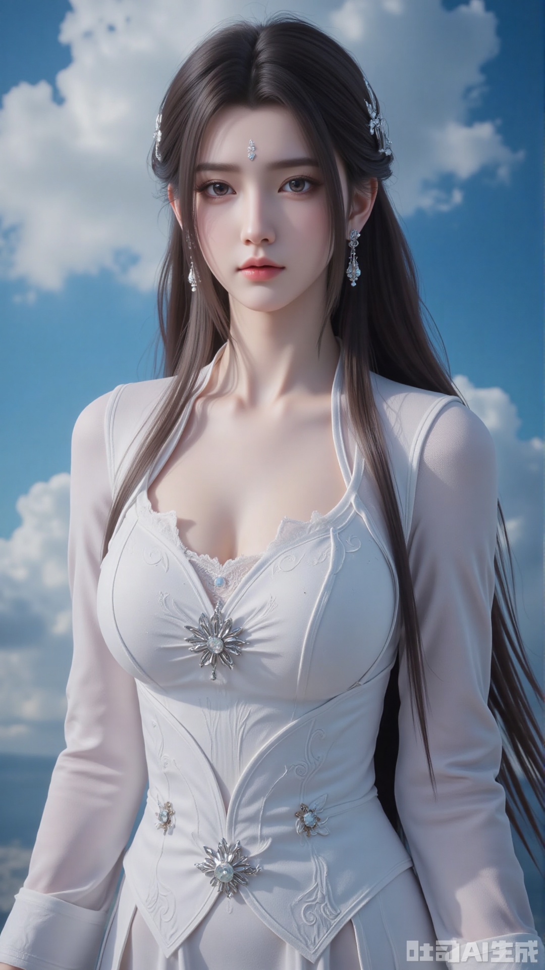 Very detailed face, extremely detailed eyes and face, blue eyes, (vacuum), 8K wallpaper, light leak, beautiful and detailed girl, extremely detailed CGUnity8K wallpaper, an extremely detailed and beautiful, beautiful and detailed eyes, masterpiece, best quality, Real photo level, (frontal shooting panoramic perspective), ( (Full body photo)), dynamic angle, dynamic pose, solo, ancient style silver hairpin with petals, blue sky and white clouds, (C cup), (huge round breasts), slender legs, super good figure, stunning beauty, (whole body in the mirror) , (wearing Lolita nightgown), (light reflects the shadow of the body through the clothes),vacuum,bare and smooth