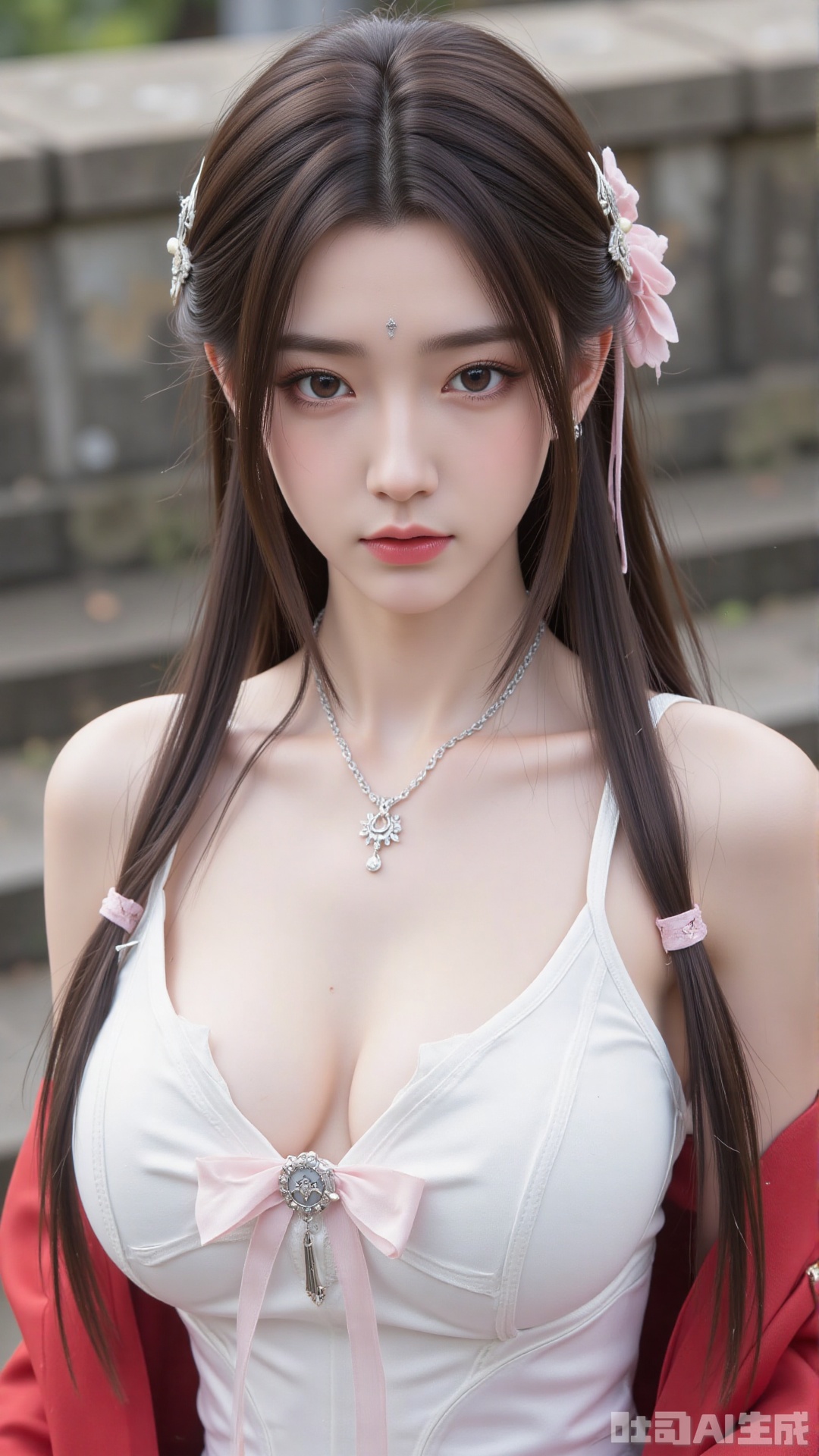 1girl,solo,jewelry,flower,hair flower,hair ornament,necklace,realistic,brown eyes,looking at viewer,dress,blurry background,twin braids,blurry,white dress,long hair,upper body,breasts,pink bow,red jacket,bare shoulders,lips,collarbone,outdoors,cleavage,large natural breast,soft breasts,huge Breasts