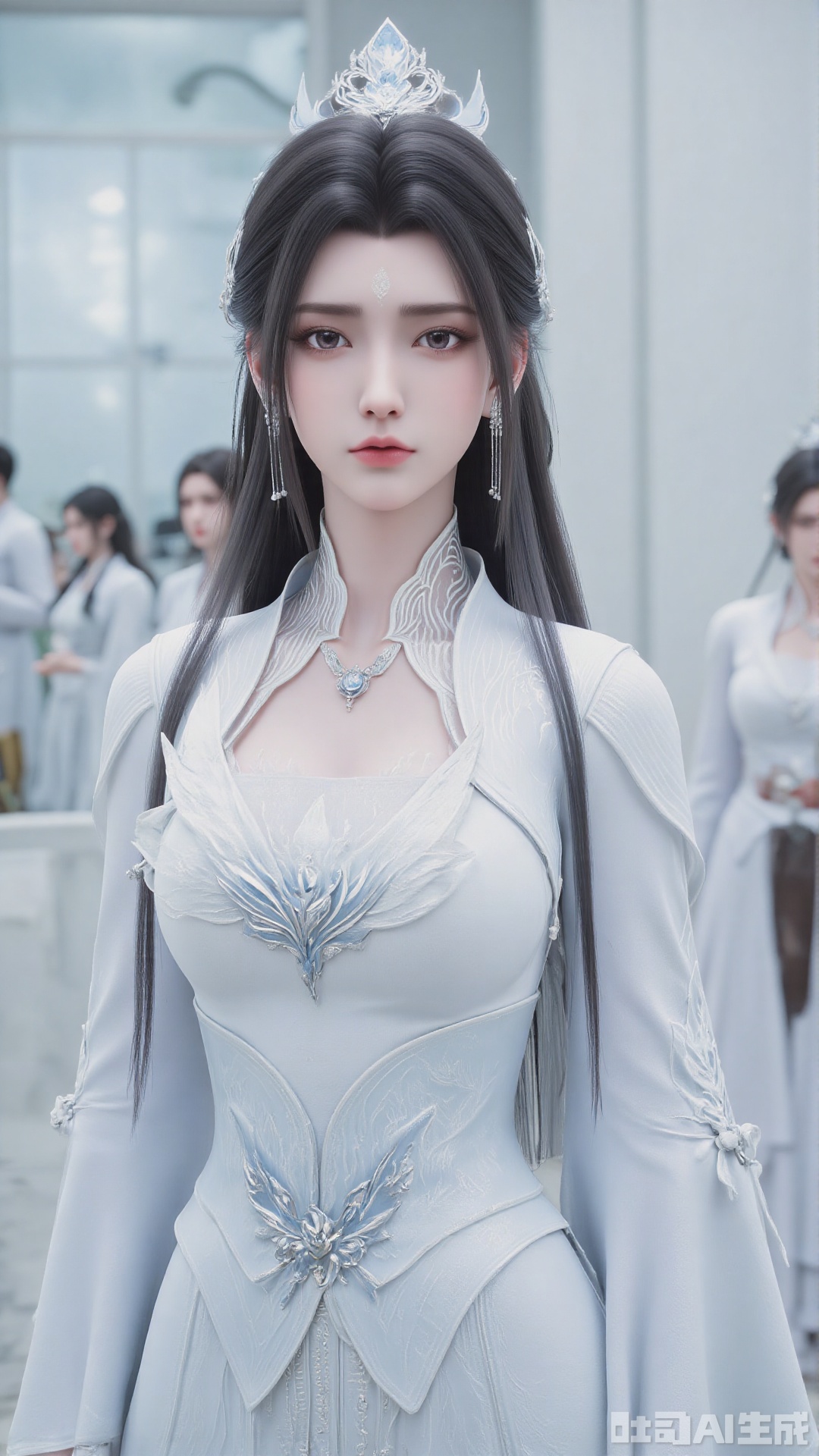 1girl, long hair, facial mark, forehead mark, white dress, solo, dress, black hair, jewelry, earrings, hair bun, hair ornament, mischevious smile, perfect body, scenery, sharp focus, best quality, masterpiece, detailed outfit, illustration, perfect eyes, finely detailed beautiful anime eyes, realistic skin, intricate details, best lighting, depth of field, ultra high resolution,cowboy_shot