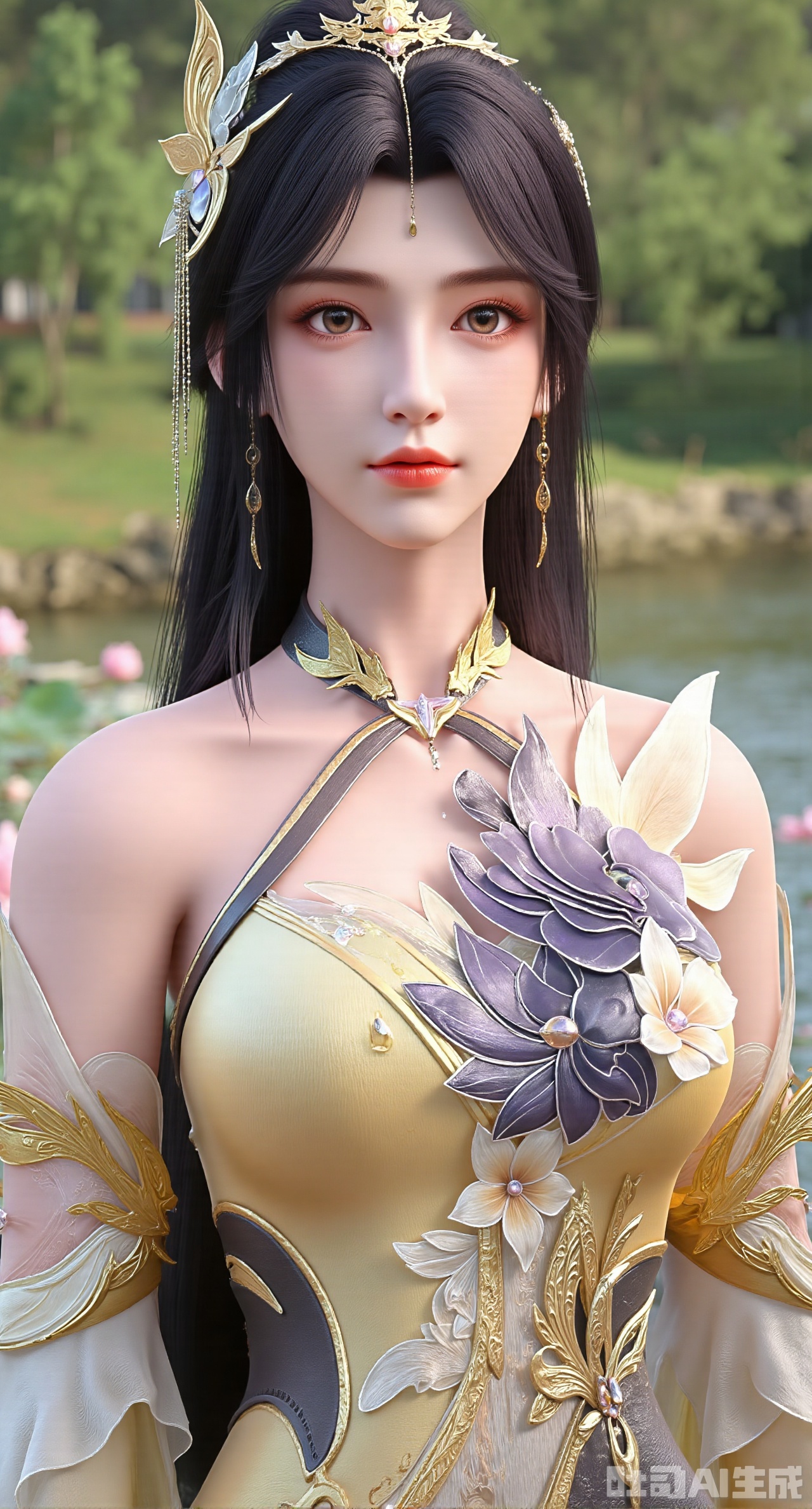 (masterpiece, best quality:1.2),1girl, navel, solo, midriff, bare shoulders, hair ornament,(long hair),(High double ponytail:1.49), red lips, BREAK, (looking at viewer:1.39), chinese clothes,(Holographic pink|green dress:1.36), (lace,Rainbow Gradient Color:1.28), BREAK,blurry, solo focus, long hair, lips, daytime, lipstick, outdoors, standing,upper body,(huge breasts:2.89), background, solo, makeup,(Liquid glass style flowers:1.49),(huge breasts:2.99),(full breasts:2.99),,(Background with lotus pond and pink lotus flowers:1.39),Xdongjixiaofu,Xlanbaixiaofu,XkjwjlzyY,XLiquidGlass,XiPhone17Pro,Xshuilian,XzhuxianbiyaoX,XnaiqiXY,Xzihanfu,Xzhiguangxishiyouxihuafei,Xqiyaoruqunhanfu,Xwangxixianzi,Xsanshang
