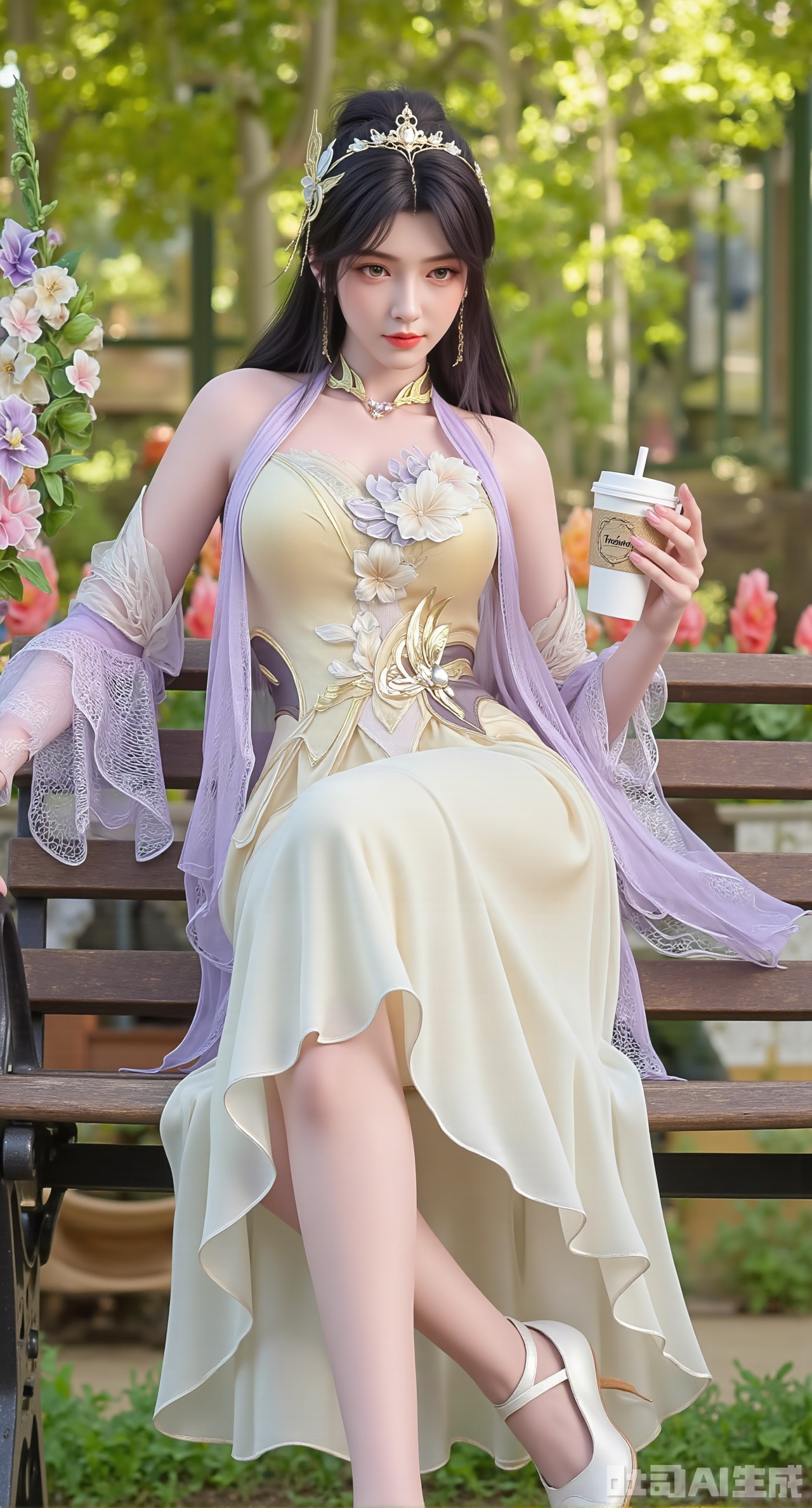  (masterpiece, best quality:1.2),A beauty wearing a pearl hairband dons a creamy white knitted camisole dress, paired with a light purple sheer knitted cardigan and white Mary Jane shoes. Leaning on a garden bench filled with macaron - colored flowers, she holds an Instagram - style coffee cup. Sunlight filters through the leaves onto her face, creating a lazy and gentle atmosphere, and her skirt sways softly in the breeze. 8K resolution, detailed texture of knitted fabric, lustrous pearl texture, vivid flower colors, soft natural light, Instagram - style filter texture.,(huge breasts:2.99),(full breasts:2.99),Xdongjixiaofu,Xlanbaixiaofu,XkjwjlzyY,XLiquidGlass,XiPhone17Pro,Xshuilian,XzhuxianbiyaoX,XnaiqiXY,Xzihanfu,Xzhiguangxishiyouxihuafei,Xqiyaoruqunhanfu,Xwangxixianzi,Xsanshang