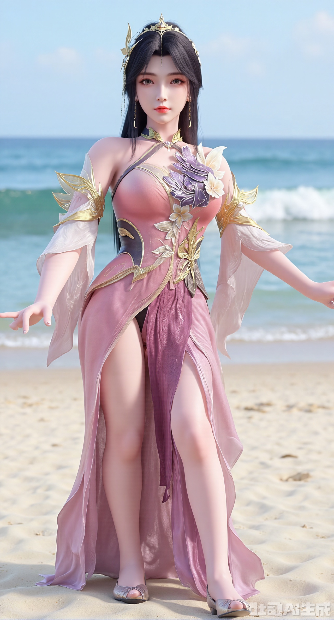 (masterpiece:1.2),best quality,3D animation,CG,absurdres,masterpiece,original,extremely detailed wallpaper,perfect lighting,(extremely detailed CG:1.2),1girl,solo,standing,(huge breasts:2.69),(full breasts:2.59),,looking at viewer,(cowboy_shot:1.1),long hair,high heels,blurry background,depth of field,motion blur,long dress,china_dress,chinese_style,bare shouders,crystal_earrings,headpiece,hair_tie,chest_jewel,gem,necklace,jewelry,in summer,day,outdoors,nature,sea,(rose,beach:1.49),(huge breasts:2.99),(full breasts:2.99),(very long legs,Diamond-studded high heels:1.5),Xdongjixiaofu,Xlanbaixiaofu,XkjwjlzyY,XLiquidGlass,XiPhone17Pro,Xshuilian,XzhuxianbiyaoX,XnaiqiXY,Xzihanfu,Xzhiguangxishiyouxihuafei,Xqiyaoruqunhanfu,Xwangxixianzi,Xsanshang