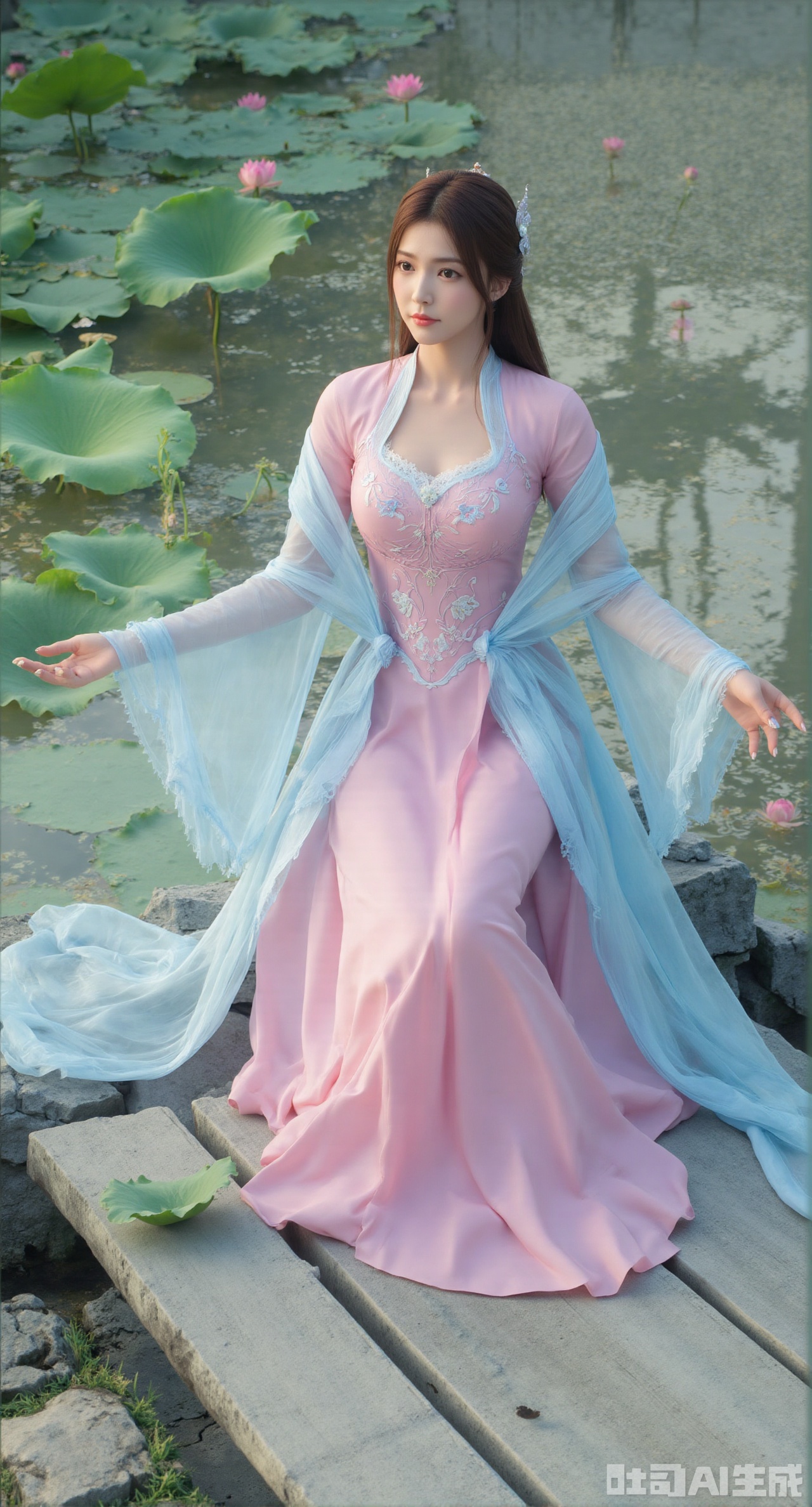 (masterpiece:1.2),best quality,(UE5.5,rendered with Unreal Engine 5,Unreal Engine 5,CG rendering:1.1), An elegant beauty dons a lotus-pink quju dress embroidered with twin lotus flowers, draped in a light blue sheer shawl. Sitting on a wooden platform by the water, she plays the guqin. Her reflection shimmers on the water below, and behind her lies a lotus pond in full bloom. Morning light gilds her hair. Fine embroidery stitches, refractive effect of translucent fabric, ripples and reflections on the water, soft morning light diffusion, draping effect of silk fabric, Chinese-style illustration style.,(huge breasts:2.99), (full breasts:2.99),,Xdongjixiaofu,Xlanbaixiaofu,XkjwjlzyY,XLiquidGlass,XiPhone17Pro,Xshuilian,XzhuxianbiyaoX,XnaiqiXY,Xzihanfu,Xzhiguangxishiyouxihuafei,Xqiyaoruqunhanfu,Xwangxixianzi,Xsanshang