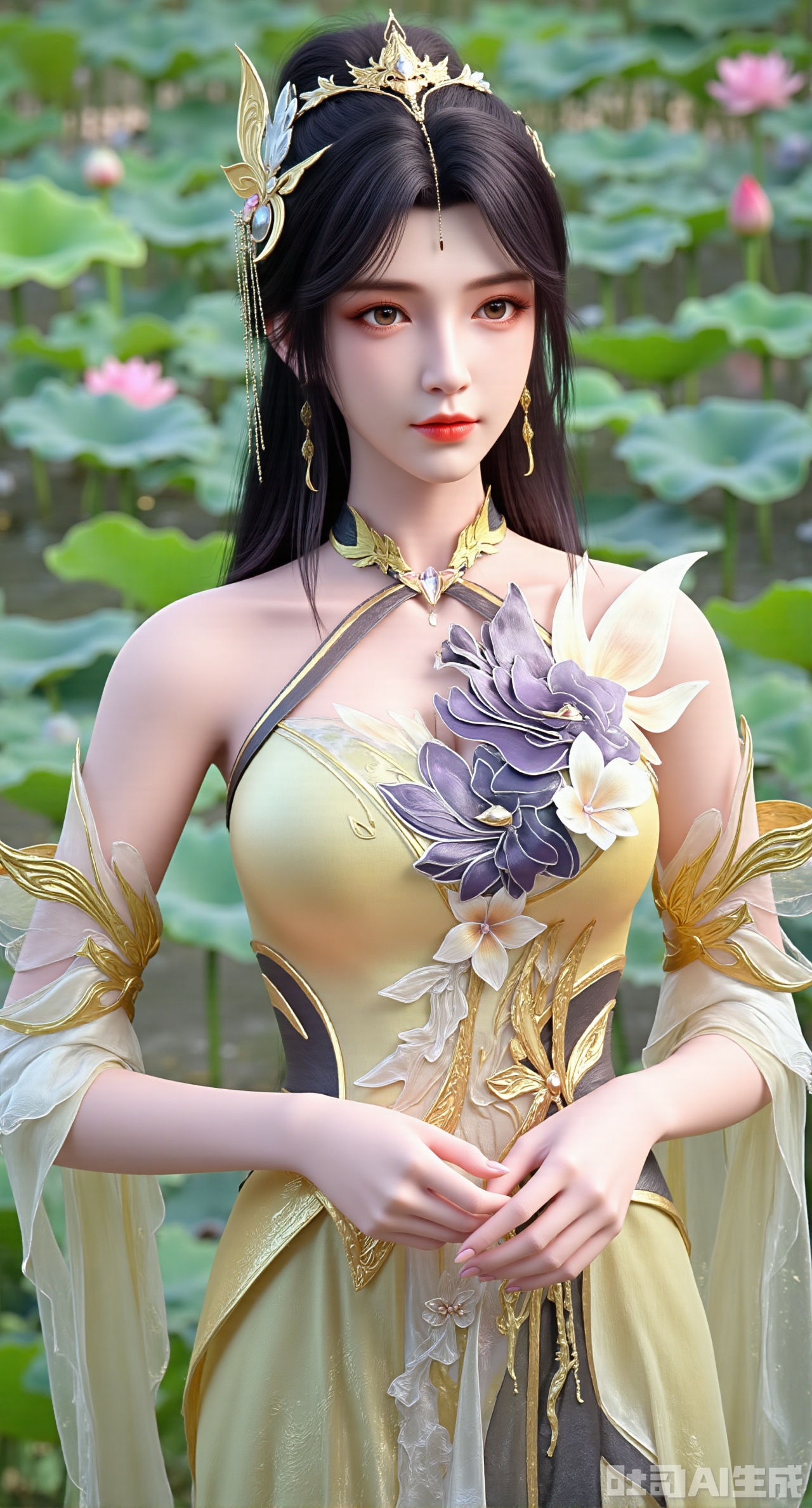 (masterpiece, best quality:1.2),1girl, navel, solo, midriff, bare shoulders, hair ornament,(long hair),(High double ponytail:1.49), red lips, BREAK, (looking at viewer:1.39), chinese clothes,(Holographic pink|green dress:1.36), (lace,Rainbow Gradient Color:1.28), BREAK,blurry, solo focus, long hair, lips, daytime, lipstick, outdoors, standing,upper body,(huge breasts:2.89), background, solo, makeup,(Liquid glass style flowers:1.49),(huge breasts:2.99),(full breasts:2.99),,(Background with lotus pond and pink lotus flowers:1.39),Xdongjixiaofu,Xlanbaixiaofu,XkjwjlzyY,XLiquidGlass,XiPhone17Pro,Xshuilian,XzhuxianbiyaoX,XnaiqiXY,Xzihanfu,Xzhiguangxishiyouxihuafei,Xqiyaoruqunhanfu,Xwangxixianzi,Xsanshang