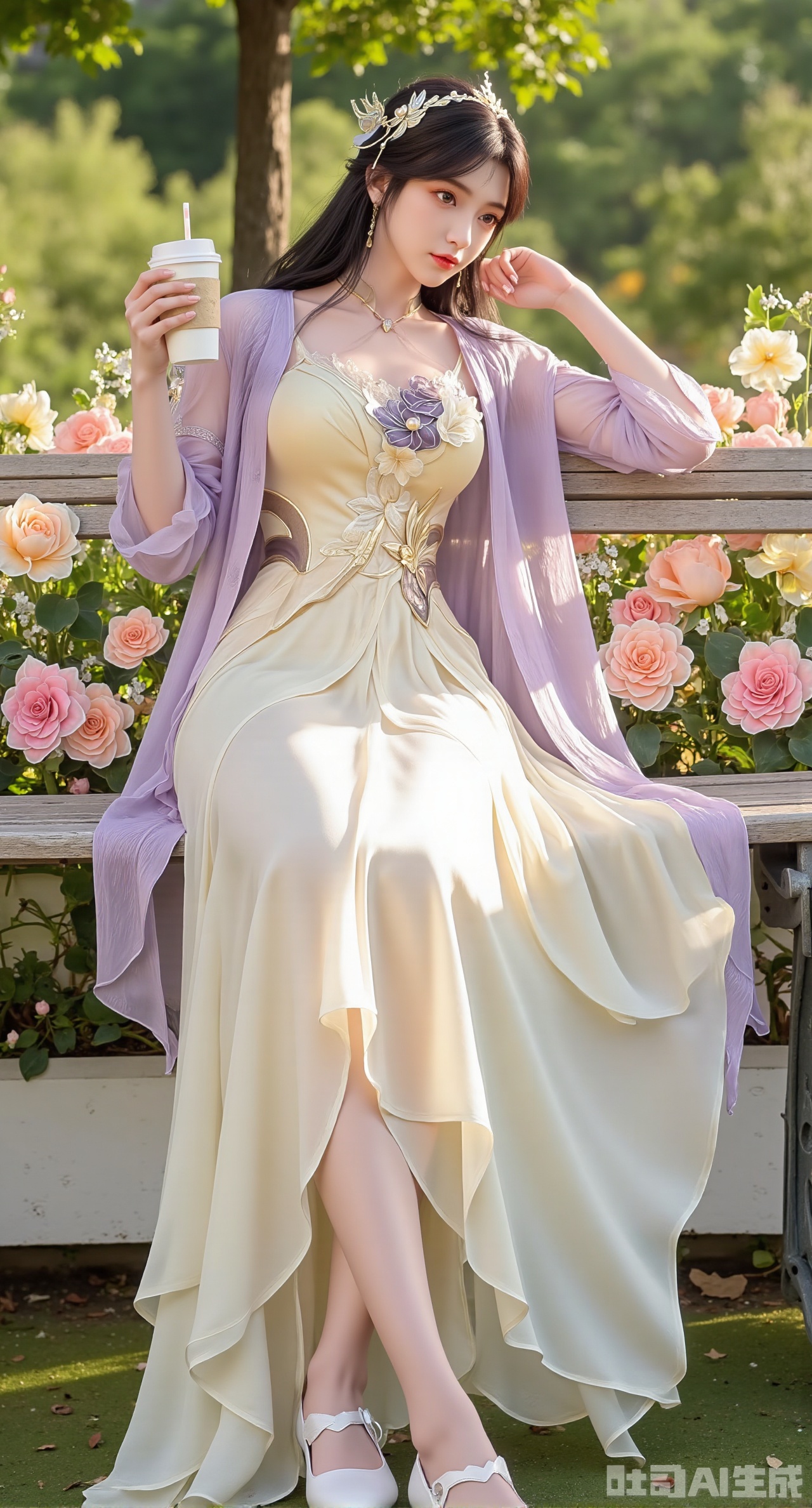  (masterpiece, best quality:1.2),A beauty wearing a pearl hairband dons a creamy white knitted camisole dress, paired with a light purple sheer knitted cardigan and white Mary Jane shoes. Leaning on a garden bench filled with macaron - colored flowers, she holds an Instagram - style coffee cup. Sunlight filters through the leaves onto her face, creating a lazy and gentle atmosphere, and her skirt sways softly in the breeze. 8K resolution, detailed texture of knitted fabric, lustrous pearl texture, vivid flower colors, soft natural light, Instagram - style filter texture.,(huge breasts:2.99),(full breasts:2.99),Xdongjixiaofu,Xlanbaixiaofu,XkjwjlzyY,XLiquidGlass,XiPhone17Pro,Xshuilian,XzhuxianbiyaoX,XnaiqiXY,Xzihanfu,Xzhiguangxishiyouxihuafei,Xqiyaoruqunhanfu,Xwangxixianzi,Xsanshang