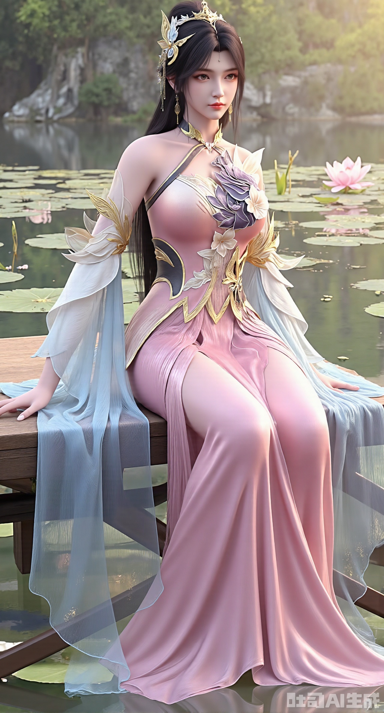 (masterpiece:1.2),best quality,(UE5.5,rendered with Unreal Engine 5,Unreal Engine 5,CG rendering:1.1), An elegant beauty dons a lotus-pink quju dress embroidered with twin lotus flowers, draped in a light blue sheer shawl. Sitting on a wooden platform by the water, she plays the guqin. Her reflection shimmers on the water below, and behind her lies a lotus pond in full bloom. Morning light gilds her hair. Fine embroidery stitches, refractive effect of translucent fabric, ripples and reflections on the water, soft morning light diffusion, draping effect of silk fabric, Chinese-style illustration style.,(huge breasts:2.99), (full breasts:2.99),,Xdongjixiaofu,Xlanbaixiaofu,XkjwjlzyY,XLiquidGlass,XiPhone17Pro,Xshuilian,XzhuxianbiyaoX,XnaiqiXY,Xzihanfu,Xzhiguangxishiyouxihuafei,Xqiyaoruqunhanfu,Xwangxixianzi,Xsanshang