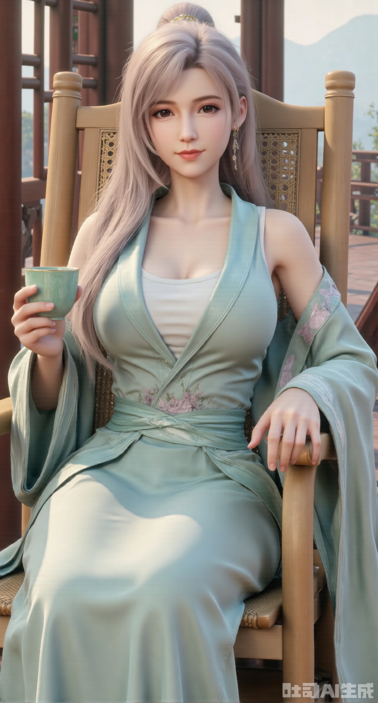 : (masterpiece:1.2),best quality,(UE5.5,rendered with Unreal Engine 5,Unreal Engine 5,CG rendering:1.1), A serene and gentle beauty dons a light cyan cross-collar ruqun, the skirt embroidered with bamboo leaves and dewdrops, paired with a mint-green long cape. Sitting on a bamboo rocking chair, she holds a celadon tea cup. Bamboo curtains sway behind her, and distant mountains are veiled in mist. Morning light casts a soft glow on her skirt. Realistic texture of bamboo weaving, glazed luster of celadon, soft draping of fabric, soft morning light representation, cozy atmosphere rendering, fine details of hair and fabric.,(huge breasts:2.99), (full breasts:2.99),,Xgechuanguangchongstyle,Xyuanxionggirl,Xyunxiao,XyunxiaoYK,Xdixionglianyiqun,Xmiaozufushi,Xqilinxianzi,XTifaLockhart,Xjinshenjianshenfu