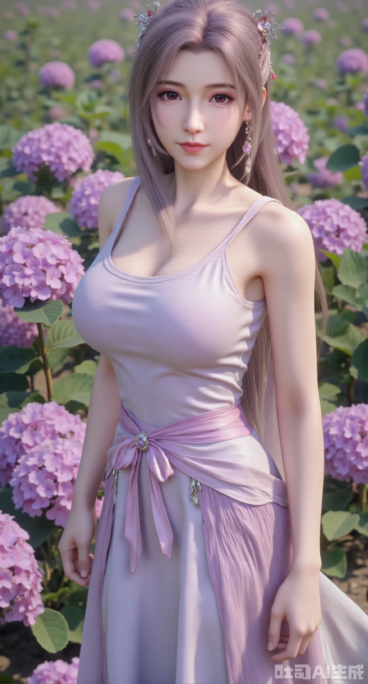 (masterpiece:1.2),best quality,absurdres,masterpiece,original,extremely detailed wallpaper,perfect lighting,1girl,solo,looking at viewer,(cowboy_shot:1.3),long hair,high heels,blurry background,depth of field,motion blur,(long dress:1.23),china_dress,chinese_style,bare shouders,crystal_earrings,headpiece,hair_tie,chest_jewel,gem,necklace,jewelry,in summer,day,outdoors,nature,garden,,(standing,Hydrangea, Hydrangea Field:1.69),(huge breasts:2.99),(full breasts:2.99),Xgechuanguangchongstyle,Xyuanxionggirl,Xyunxiao,XyunxiaoYK,Xdixionglianyiqun,Xmiaozufushi,Xqilinxianzi,XTifaLockhart,Xjinshenjianshenfu
