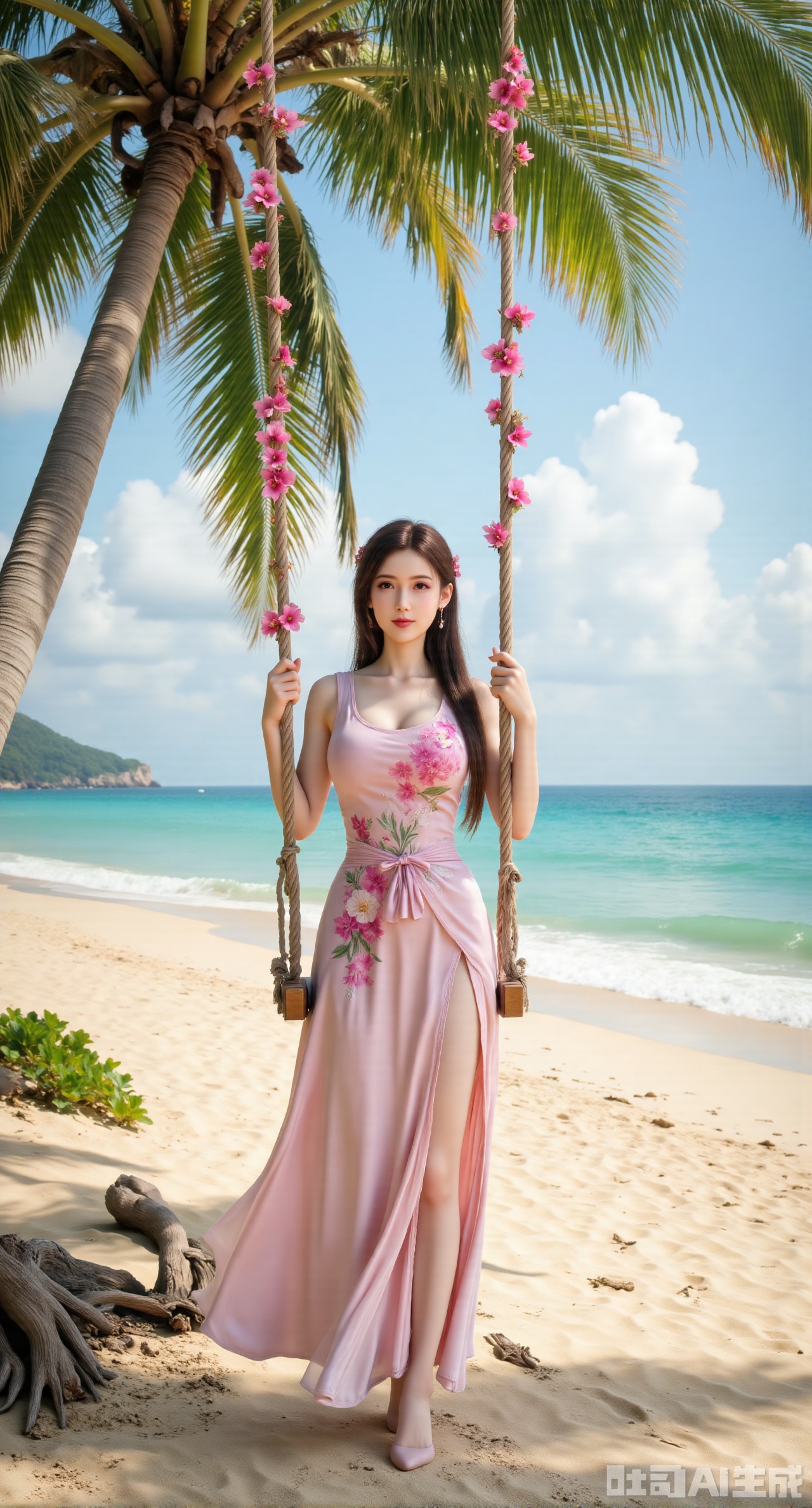(masterpiece:1.2),(masterpiece:1.2),best quality,absurdres,masterpiece,original,extremely detailed wallpaper,perfect lighting,Golden sandy beach covered with vibrant flowers, turquoise waves gently lapping the shore, elegant woman in embroidered qipao swinging on a wooden swing under coconut trees, bright flower clusters spreading from sand to palm tree roots, soft natural light filtering through coconut leaves, ocean breeze lifting hair and qipao hem, high-resolution details showcasing petal textures and silk fabric sheen, ultra-wide angle lens capturing coastline panorama, cinematic color grading with soft focus on the central figure,(huge breasts:2.99),(full breasts:2.99),Xgechuanguangchongstyle,Xyuanxionggirl,Xyunxiao,XyunxiaoYK,Xdixionglianyiqun,Xmiaozufushi,Xqilinxianzi,XTifaLockhart,Xjinshenjianshenfu