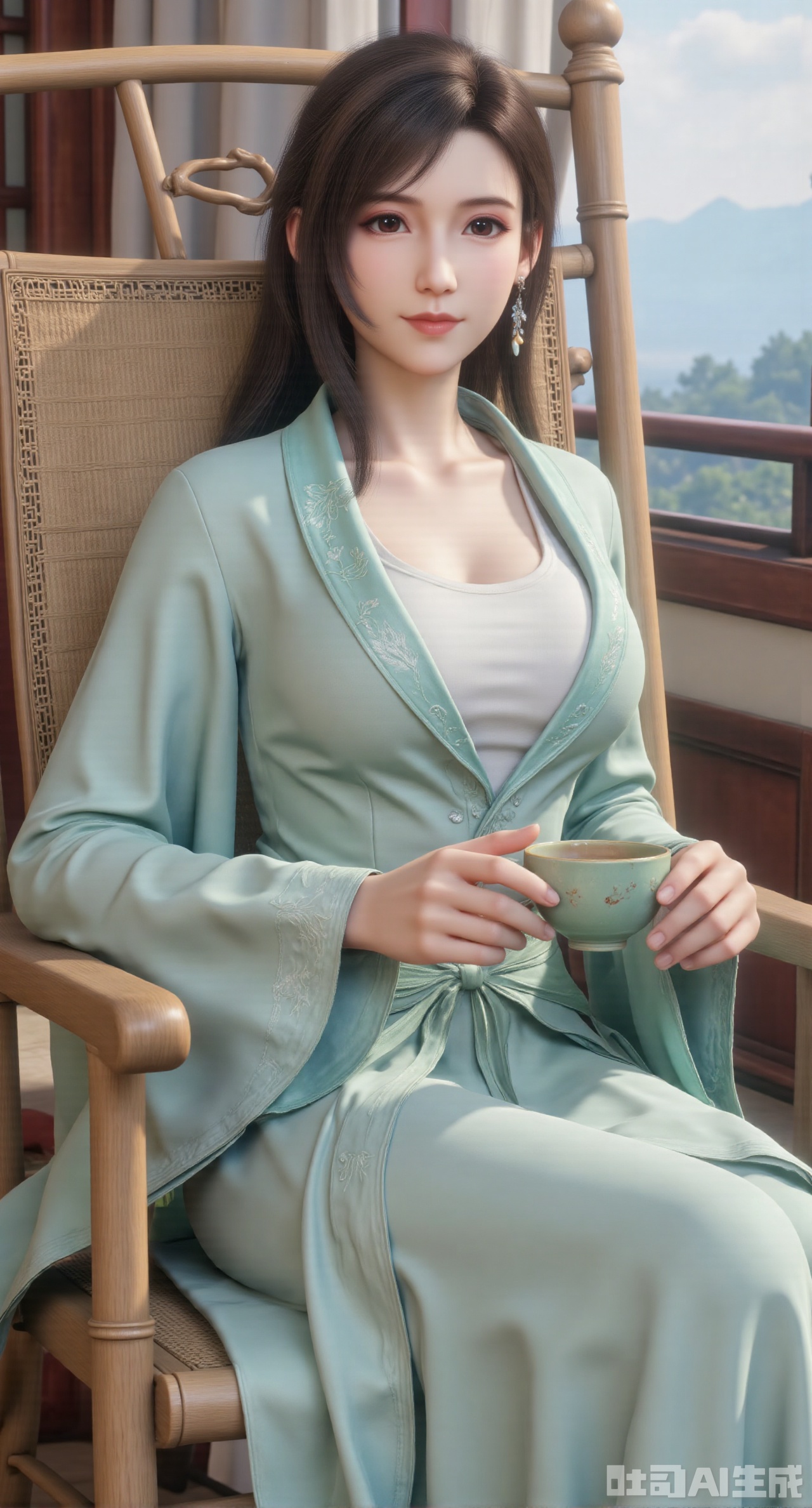 : (masterpiece:1.2),best quality,(UE5.5,rendered with Unreal Engine 5,Unreal Engine 5,CG rendering:1.1), A serene and gentle beauty dons a light cyan cross-collar ruqun, the skirt embroidered with bamboo leaves and dewdrops, paired with a mint-green long cape. Sitting on a bamboo rocking chair, she holds a celadon tea cup. Bamboo curtains sway behind her, and distant mountains are veiled in mist. Morning light casts a soft glow on her skirt. Realistic texture of bamboo weaving, glazed luster of celadon, soft draping of fabric, soft morning light representation, cozy atmosphere rendering, fine details of hair and fabric.,(huge breasts:2.99), (full breasts:2.99),,Xgechuanguangchongstyle,Xyuanxionggirl,Xyunxiao,XyunxiaoYK,Xdixionglianyiqun,Xmiaozufushi,Xqilinxianzi,XTifaLockhart,Xjinshenjianshenfu