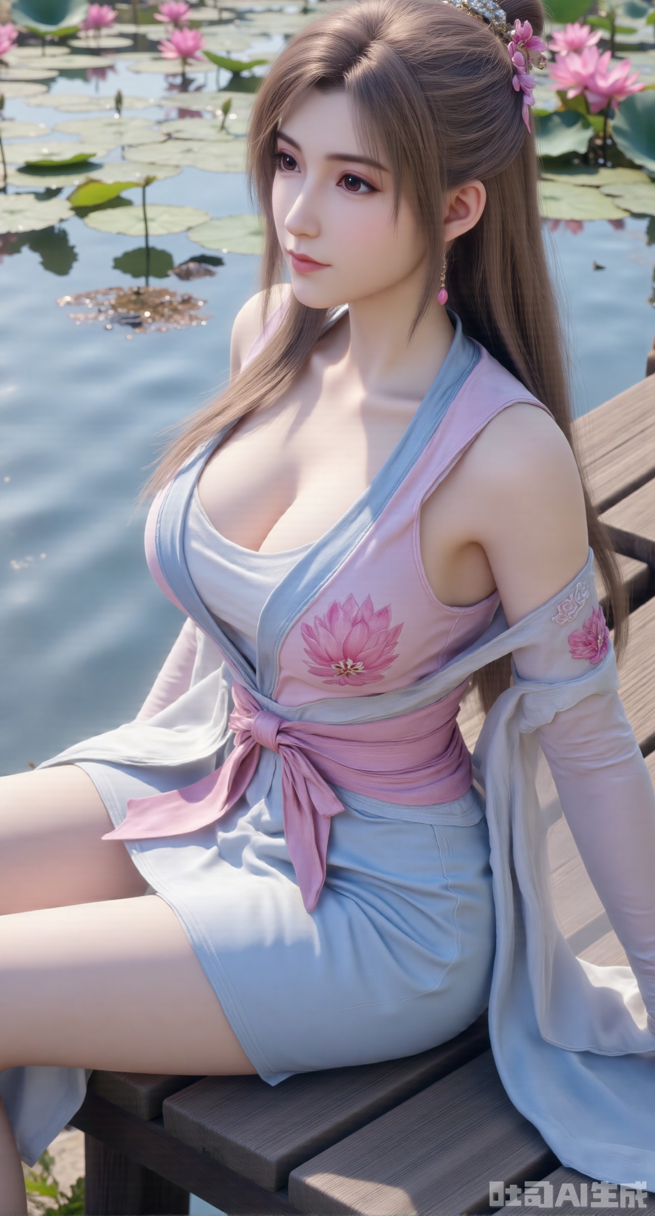 (masterpiece:1.2),best quality,(UE5.5,rendered with Unreal Engine 5,Unreal Engine 5,CG rendering:1.1), An elegant beauty dons a lotus-pink quju dress embroidered with twin lotus flowers, draped in a light blue sheer shawl. Sitting on a wooden platform by the water, she plays the guqin. Her reflection shimmers on the water below, and behind her lies a lotus pond in full bloom. Morning light gilds her hair. Fine embroidery stitches, refractive effect of translucent fabric, ripples and reflections on the water, soft morning light diffusion, draping effect of silk fabric, Chinese-style illustration style.,(huge breasts:2.99), (full breasts:2.99),,Xgechuanguangchongstyle,Xyuanxionggirl,Xyunxiao,XyunxiaoYK,Xdixionglianyiqun,Xmiaozufushi,Xqilinxianzi,XTifaLockhart,Xjinshenjianshenfu