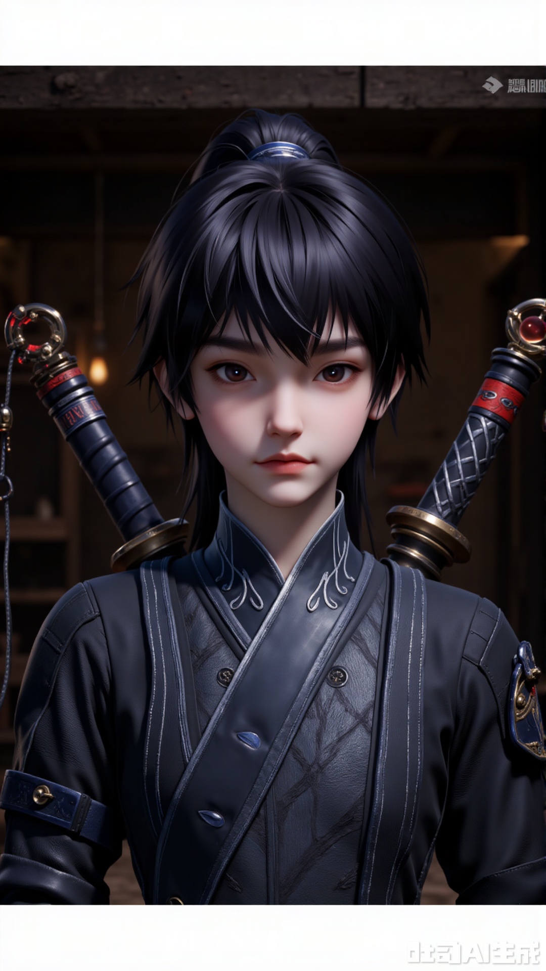 1boy, solo, bangs, black hair, weapon, one eye closed, solo focus, sword, indoors, armor, black eyes, lips, letterboxed,mengchuan,baozhi