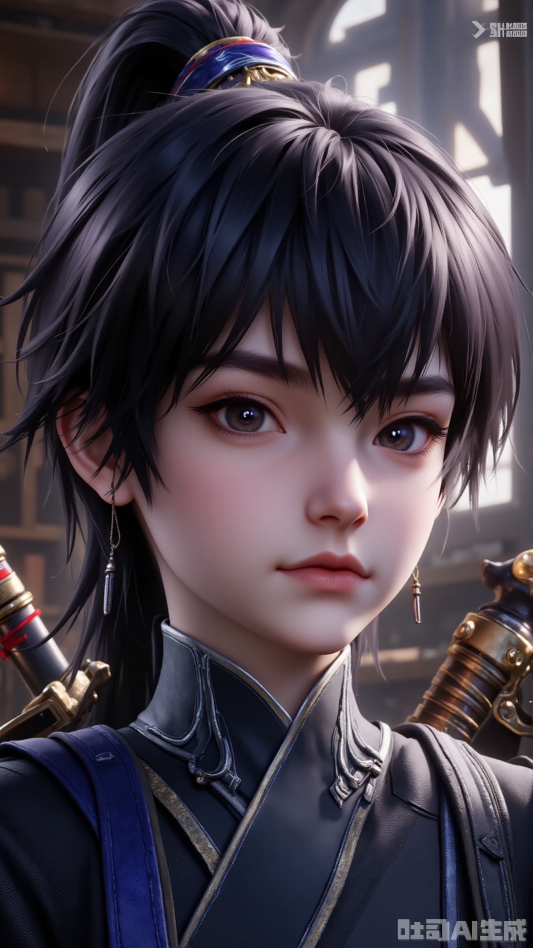 1boy, solo, bangs, black hair, weapon, one eye closed, solo focus, sword, indoors, armor, black eyes, lips, letterboxed,mengchuan,baozhi