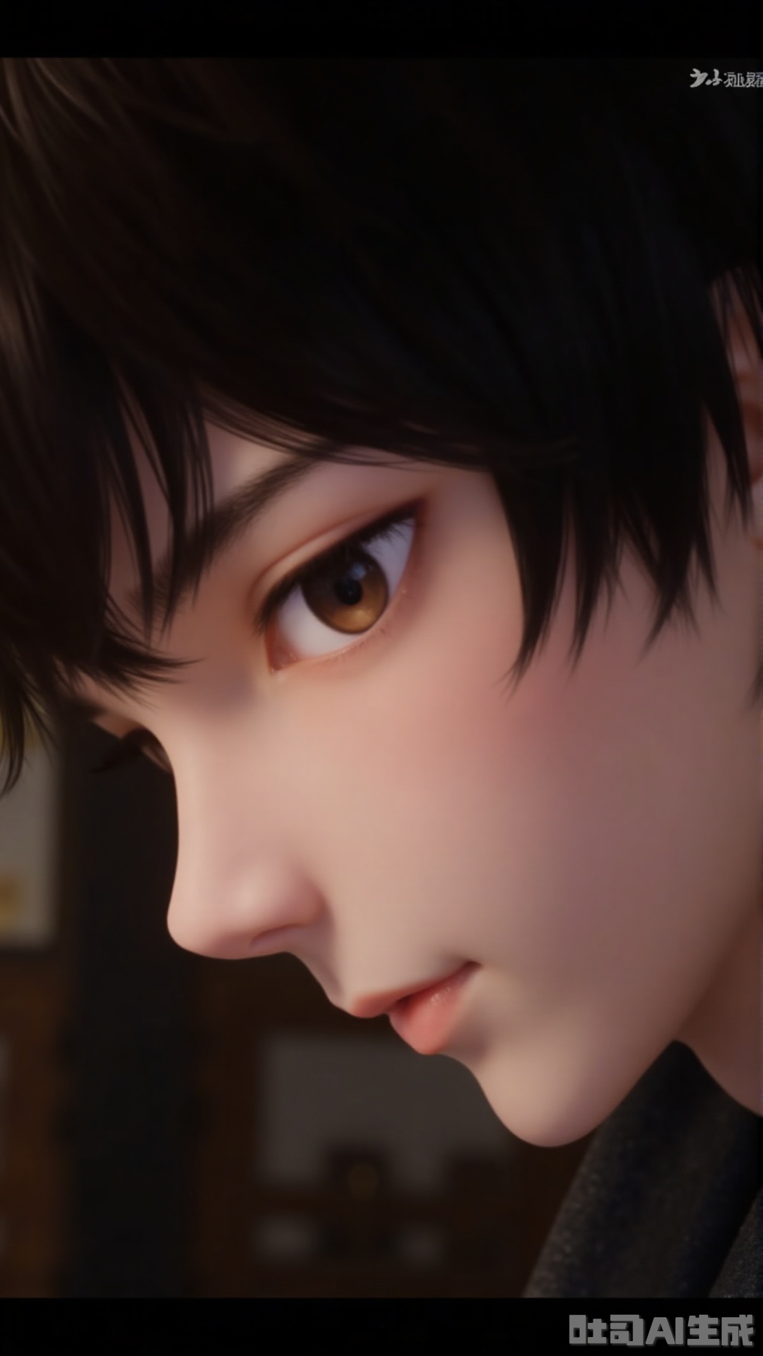 mengchuan, solo, short hair, brown hair, black hair, 1boy, brown eyes, closed mouth, male focus, artist name, indoors, blurry, from side, lips, profile, letterboxed, portrait, close-up, realistic, nose