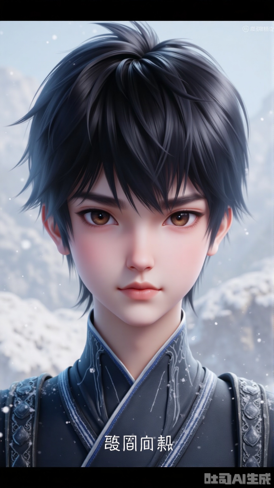 mengchuan,solo, looking at viewer, short hair, black hair, 1boy, brown eyes, closed mouth, male focus, outdoors, day, lips, letterboxed, snow, snowing, chinese text, korean text, korean clothes