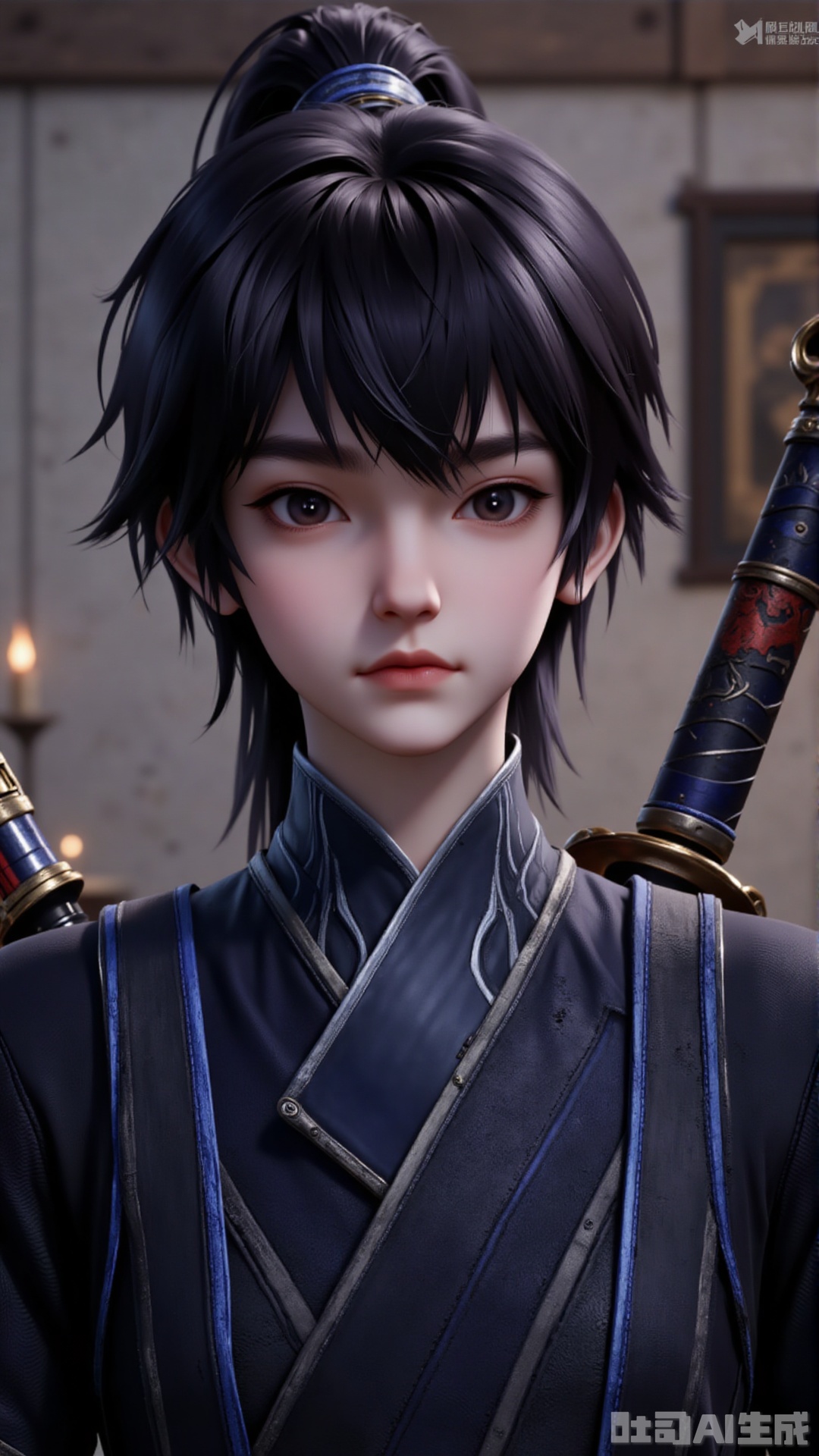 1boy, solo, bangs, black hair, weapon, one eye closed, solo focus, sword, indoors, armor, black eyes, lips, letterboxed,mengchuan,baozhi