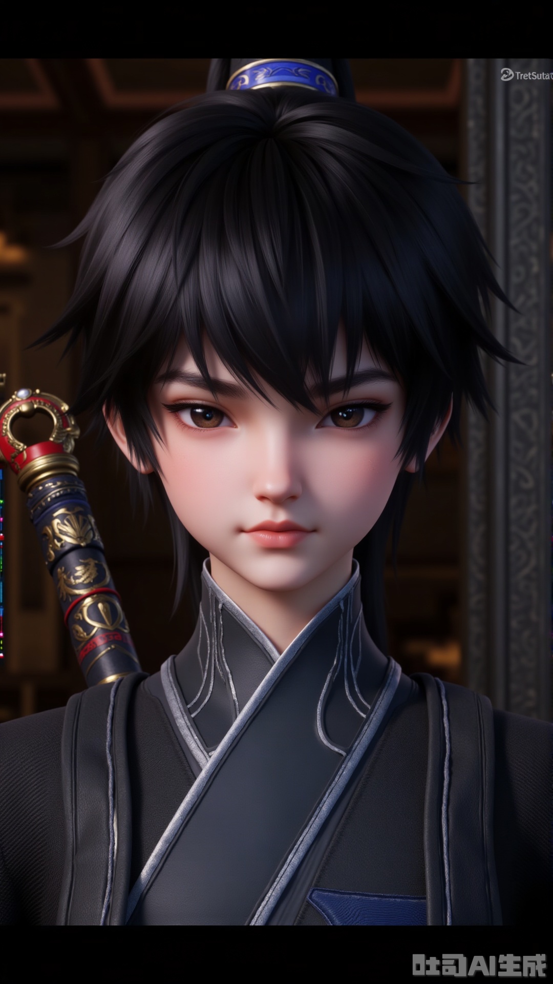 mengchuan, solo, bangs, black hair, weapon, one eye closed, solo focus, sword, indoors, armor, black eyes, lips, letterboxed