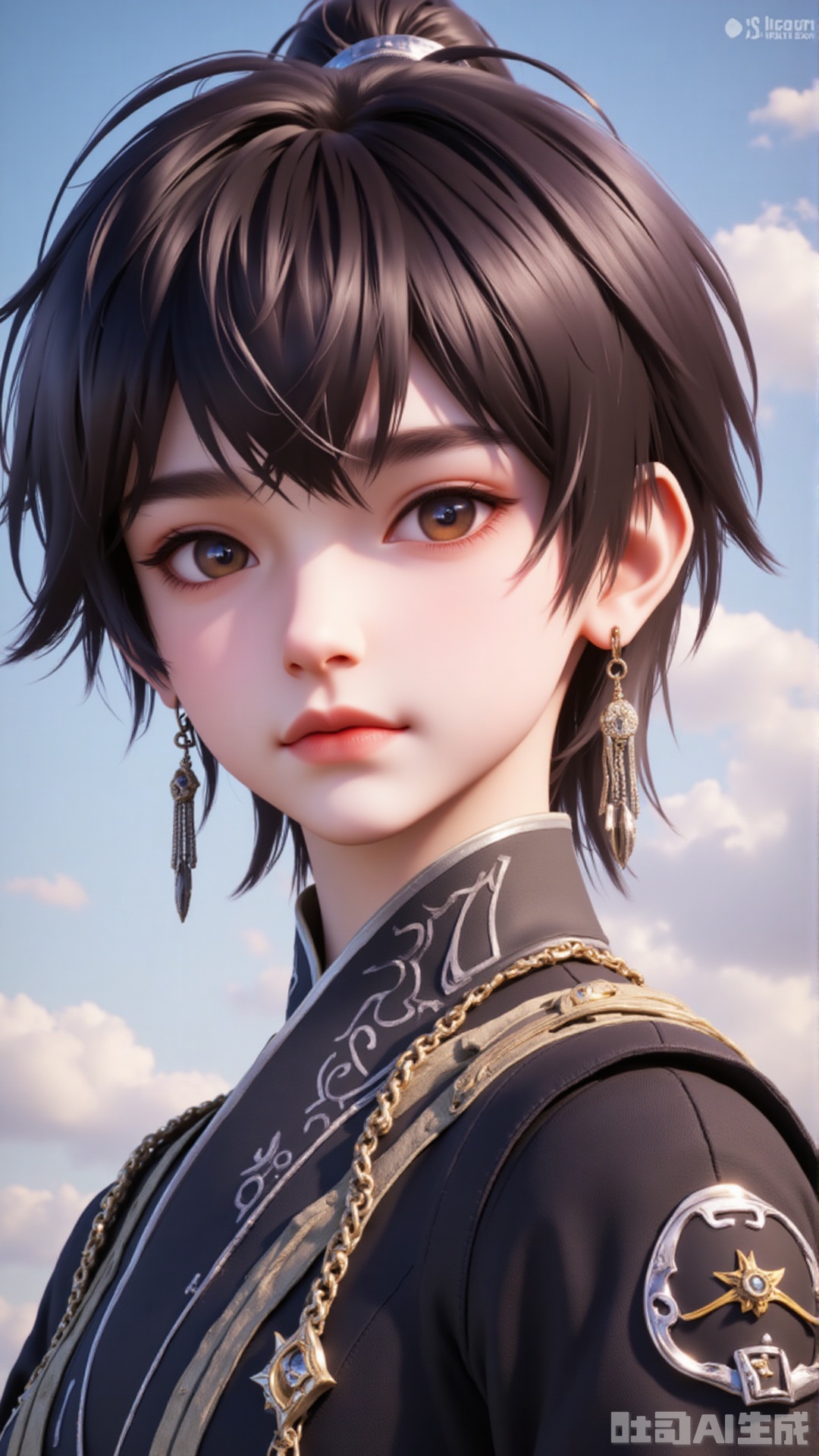 1boy, solo, short hair, brown hair, brown eyes, jewelry, earrings, sky, cloud, lips, glowing, letterboxed,mengchuan,baozhi