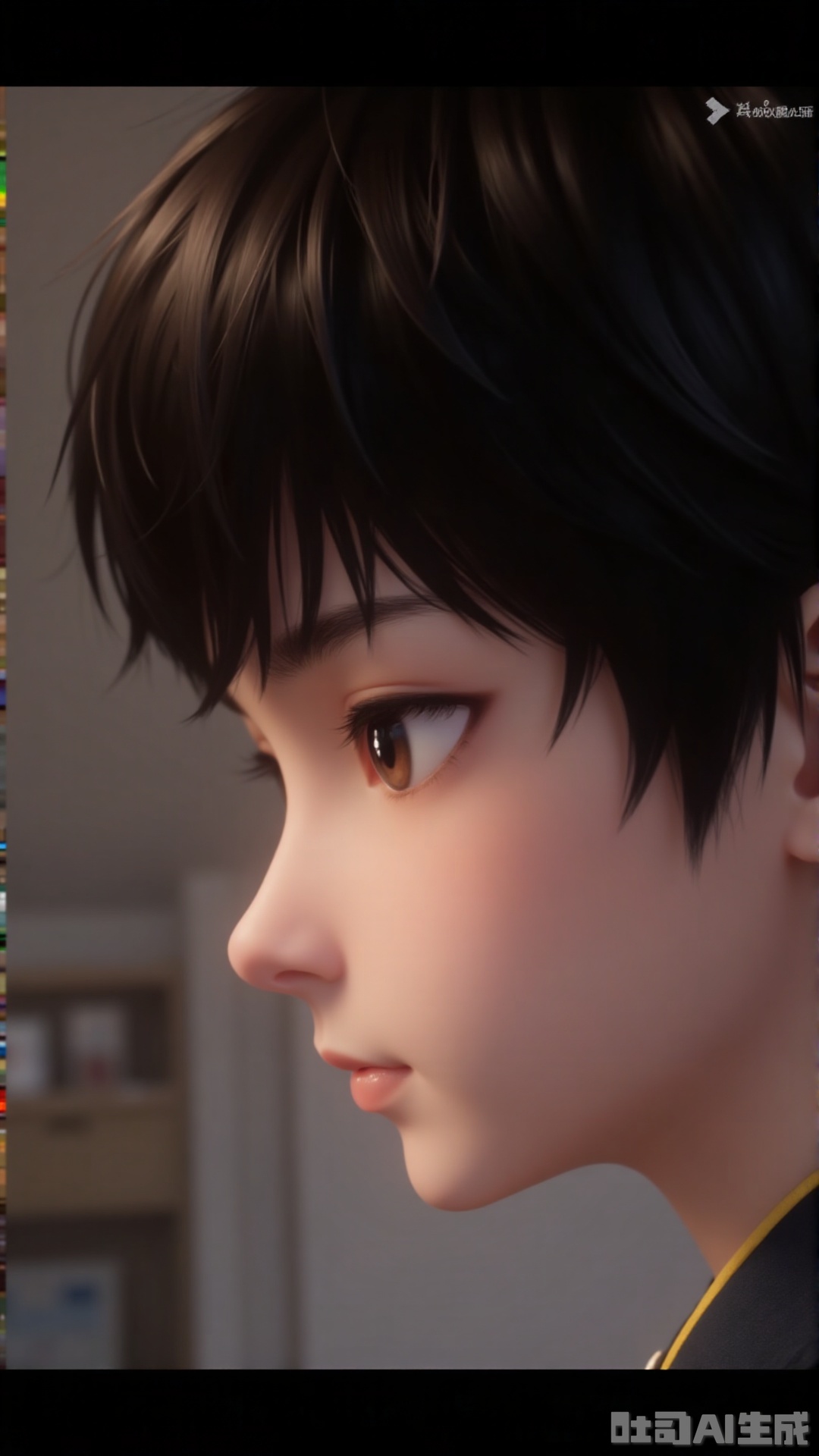 mengchuan, solo, short hair, brown hair, black hair, 1boy, brown eyes, closed mouth, male focus, artist name, indoors, blurry, from side, lips, profile, letterboxed, portrait, close-up, realistic, nose