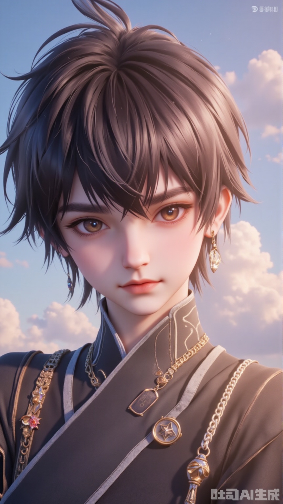 1boy, solo, short hair, brown hair, brown eyes, jewelry, earrings, sky, cloud, lips, glowing, letterboxed,mengchuan,baozhi