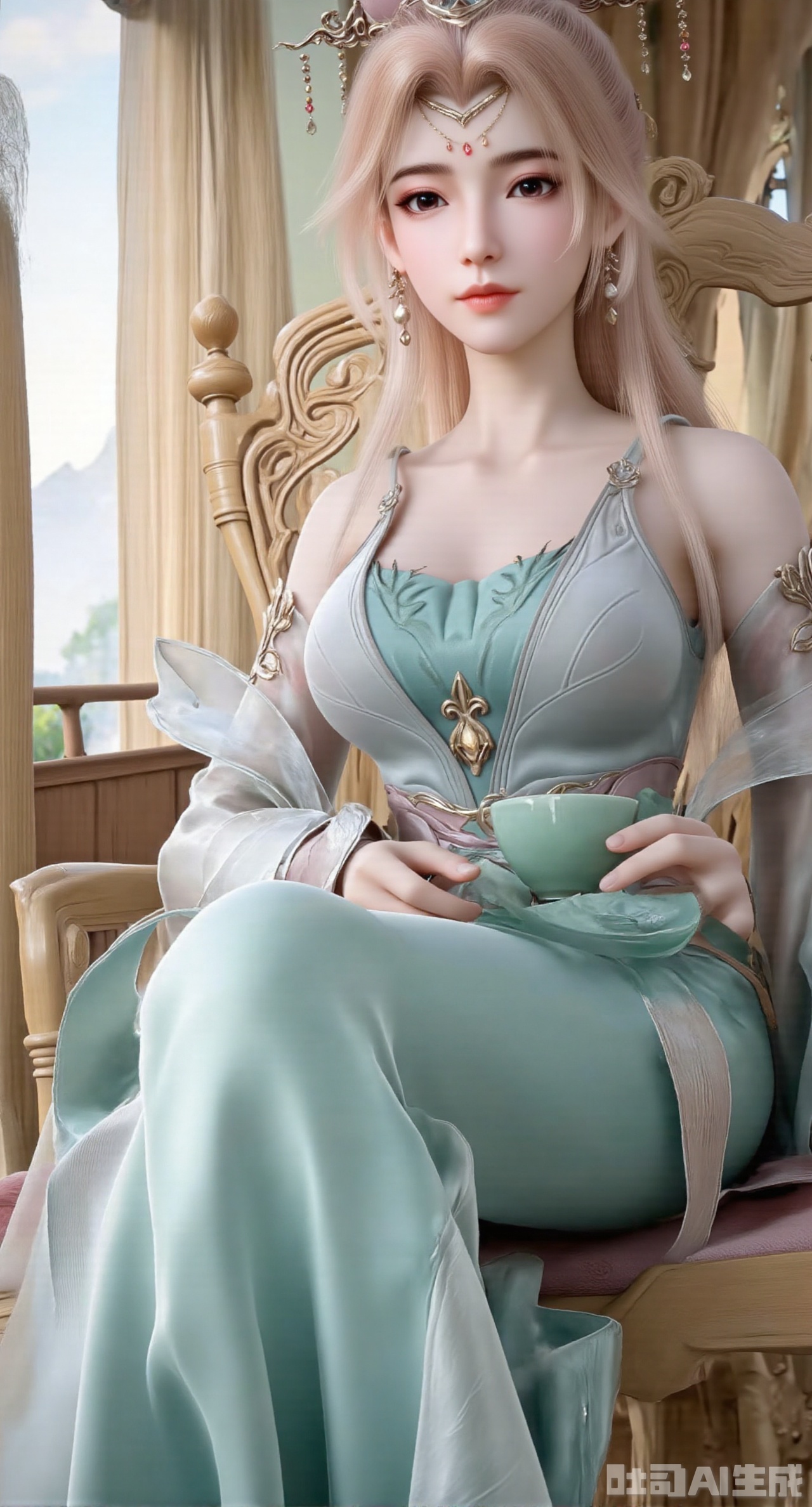 : (masterpiece:1.2),best quality,(UE5.5,rendered with Unreal Engine 5,Unreal Engine 5,CG rendering:1.1), A serene and gentle beauty dons a light cyan cross-collar ruqun, the skirt embroidered with bamboo leaves and dewdrops, paired with a mint-green long cape. Sitting on a bamboo rocking chair, she holds a celadon tea cup. Bamboo curtains sway behind her, and distant mountains are veiled in mist. Morning light casts a soft glow on her skirt. Realistic texture of bamboo weaving, glazed luster of celadon, soft draping of fabric, soft morning light representation, cozy atmosphere rendering, fine details of hair and fabric.,(huge breasts:2.99), (full breasts:2.99),,Xgechuanguangchongstyle,Xyuanxionggirl,Xyunxiao,XyunxiaoYK,Xdixionglianyiqun,Xmiaozufushi,Xqilinxianzi,XTifaLockhart,Xjinshenjianshenfu