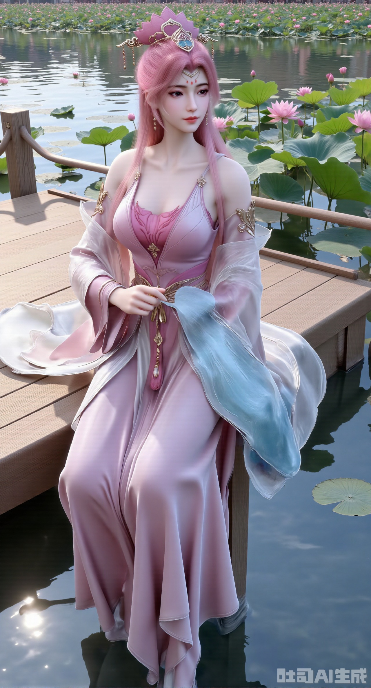 (masterpiece:1.2),best quality,(UE5.5,rendered with Unreal Engine 5,Unreal Engine 5,CG rendering:1.1), An elegant beauty dons a lotus-pink quju dress embroidered with twin lotus flowers, draped in a light blue sheer shawl. Sitting on a wooden platform by the water, she plays the guqin. Her reflection shimmers on the water below, and behind her lies a lotus pond in full bloom. Morning light gilds her hair. Fine embroidery stitches, refractive effect of translucent fabric, ripples and reflections on the water, soft morning light diffusion, draping effect of silk fabric, Chinese-style illustration style.,(huge breasts:2.99), (full breasts:2.99),,Xgechuanguangchongstyle,Xyuanxionggirl,Xyunxiao,XyunxiaoYK,Xdixionglianyiqun,Xmiaozufushi,Xqilinxianzi,XTifaLockhart,Xjinshenjianshenfu