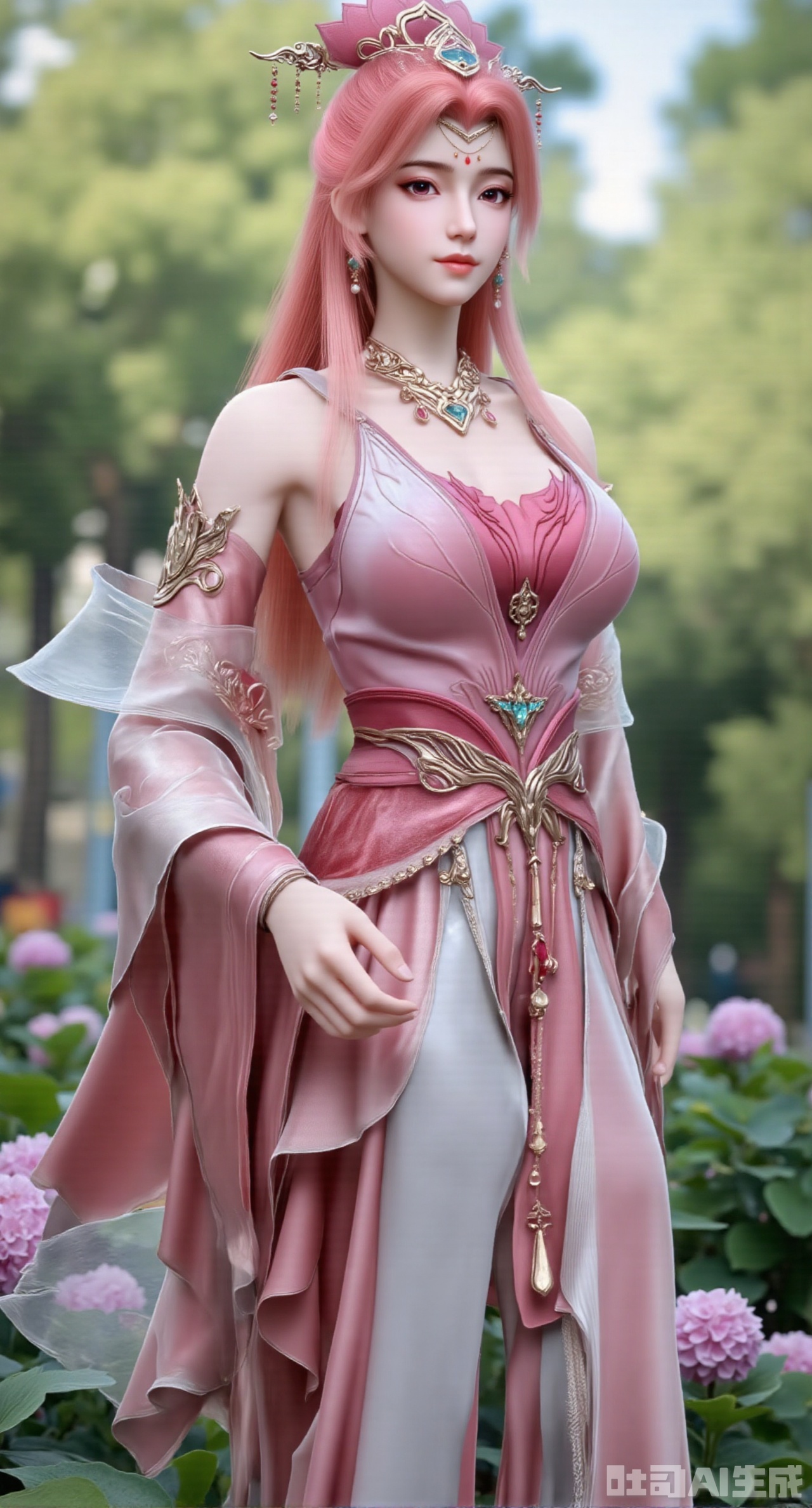 (masterpiece:1.2),best quality,absurdres,masterpiece,original,extremely detailed wallpaper,perfect lighting,1girl,solo,looking at viewer,(cowboy_shot:1.3),long hair,high heels,blurry background,depth of field,motion blur,(long dress:1.23),china_dress,chinese_style,bare shouders,crystal_earrings,headpiece,hair_tie,chest_jewel,gem,necklace,jewelry,in summer,day,outdoors,nature,garden,,(standing,Hydrangea, Hydrangea Field:1.69),(huge breasts:2.99),(full breasts:2.99),Xgechuanguangchongstyle,Xyuanxionggirl,Xyunxiao,XyunxiaoYK,Xdixionglianyiqun,Xmiaozufushi,Xqilinxianzi,XTifaLockhart,Xjinshenjianshenfu