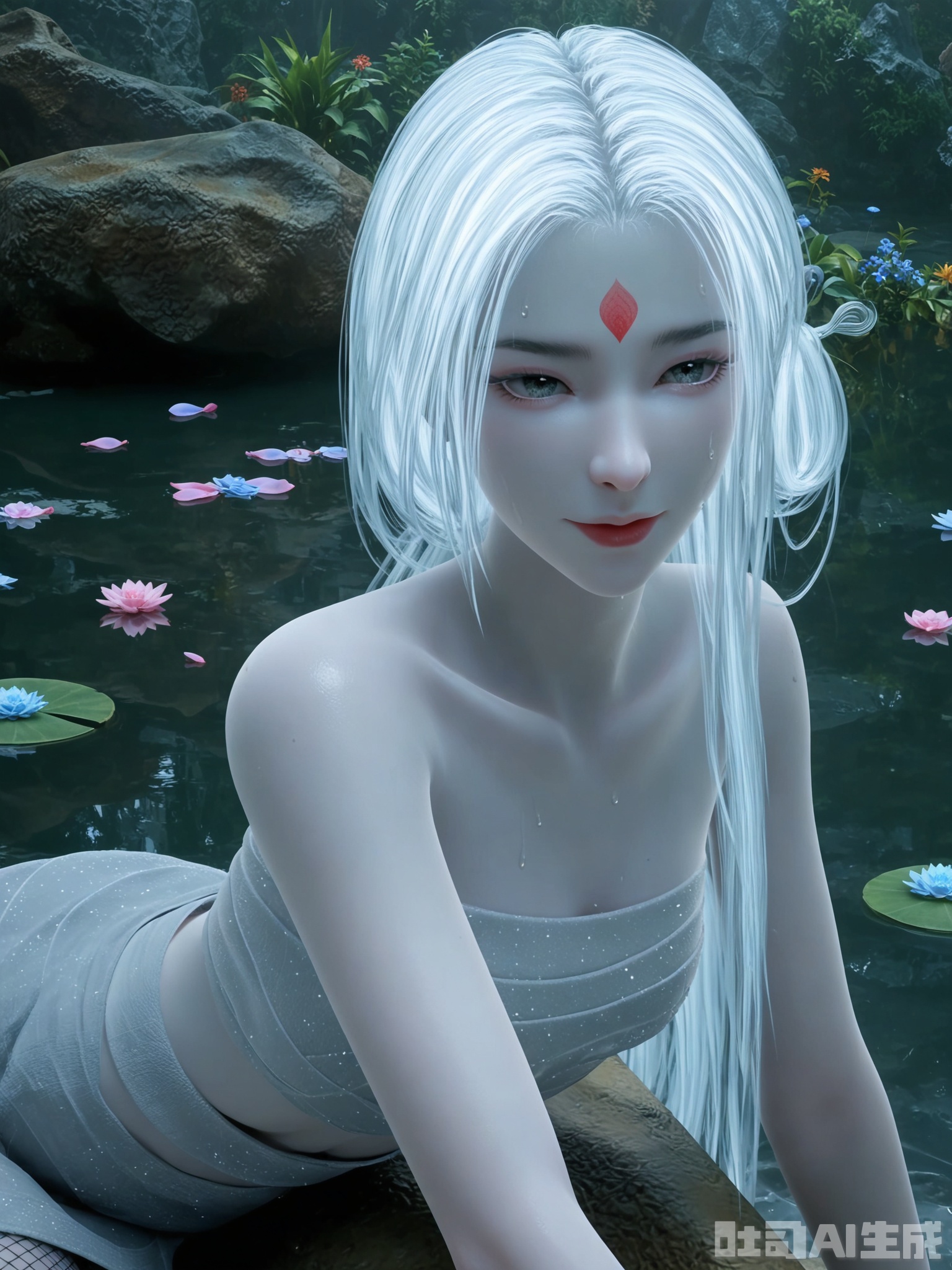 score_9,score_8_up,score_7_up,realistic,photorealistic,1girl,looking_at_viewer,realistic,1girl,Vivid Colors,bright environment,delicate water,hair_ornament,shiny skin,shiny hair,reflection,dress,flower sea,falling petals,extreme detail description,(upper body:0.3),put one hand on your side,long_hair,(skindentation:1.3),Fishnet stockings,bright,sunshine on face,light,sweating,dress,light,sitting_down,white hair,grey eyes,tube top,colored skin,white eyes,pale skin,midriff,strapless,hitodama,soul,