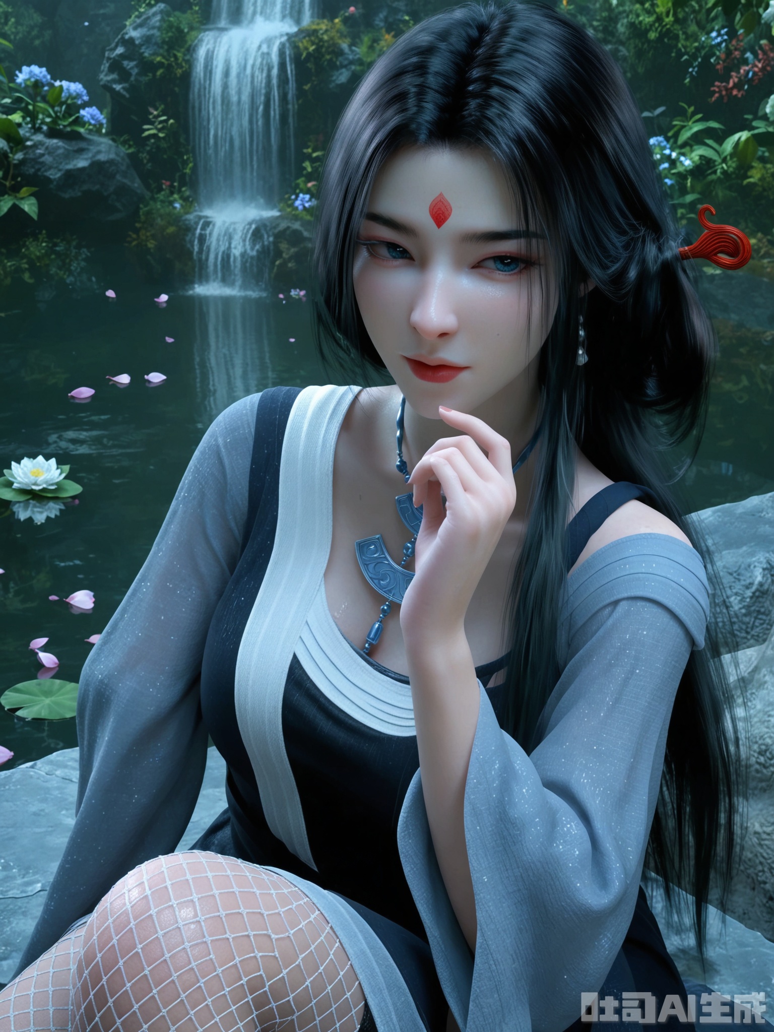 score_9,score_8_up,score_7_up,realistic,photorealistic,1girl,looking_at_viewer,realistic,1girl,Vivid Colors,bright environment,delicate water,hair_ornament,shiny skin,shiny hair,reflection,dress,flower sea,falling petals,extreme detail description,(upper body:0.3),put one hand on your side,long_hair,(skindentation:1.3),Fishnet stockings,bright,sunshine on face,light,sweating,dress,light,sitting_down,