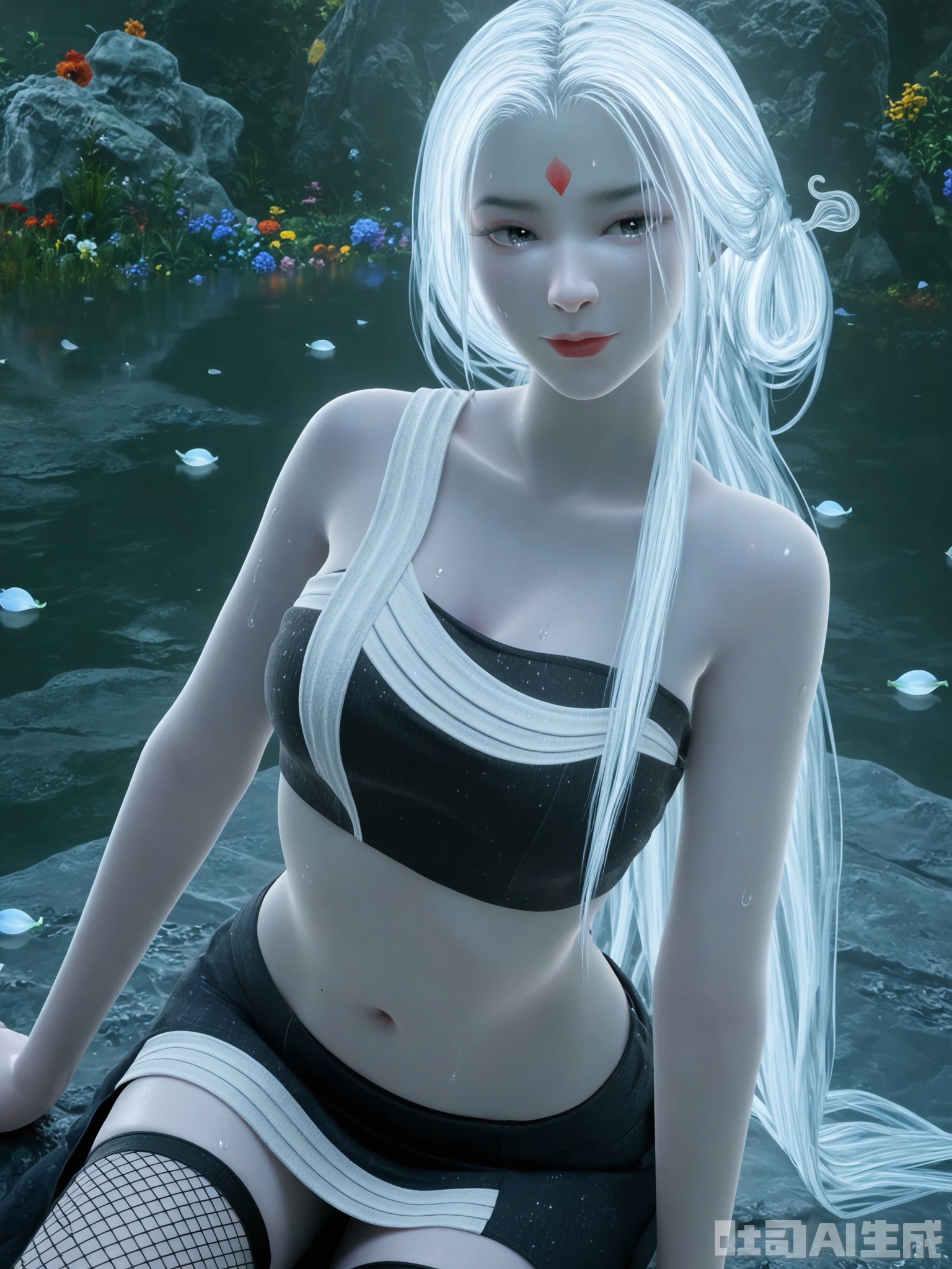 score_9,score_8_up,score_7_up,realistic,photorealistic,1girl,looking_at_viewer,realistic,1girl,Vivid Colors,bright environment,delicate water,hair_ornament,shiny skin,shiny hair,reflection,dress,flower sea,falling petals,extreme detail description,(upper body:0.3),put one hand on your side,long_hair,(skindentation:1.3),Fishnet stockings,bright,sunshine on face,light,sweating,dress,light,sitting_down,white hair,grey eyes,tube top,colored skin,white eyes,pale skin,midriff,strapless,hitodama,soul,