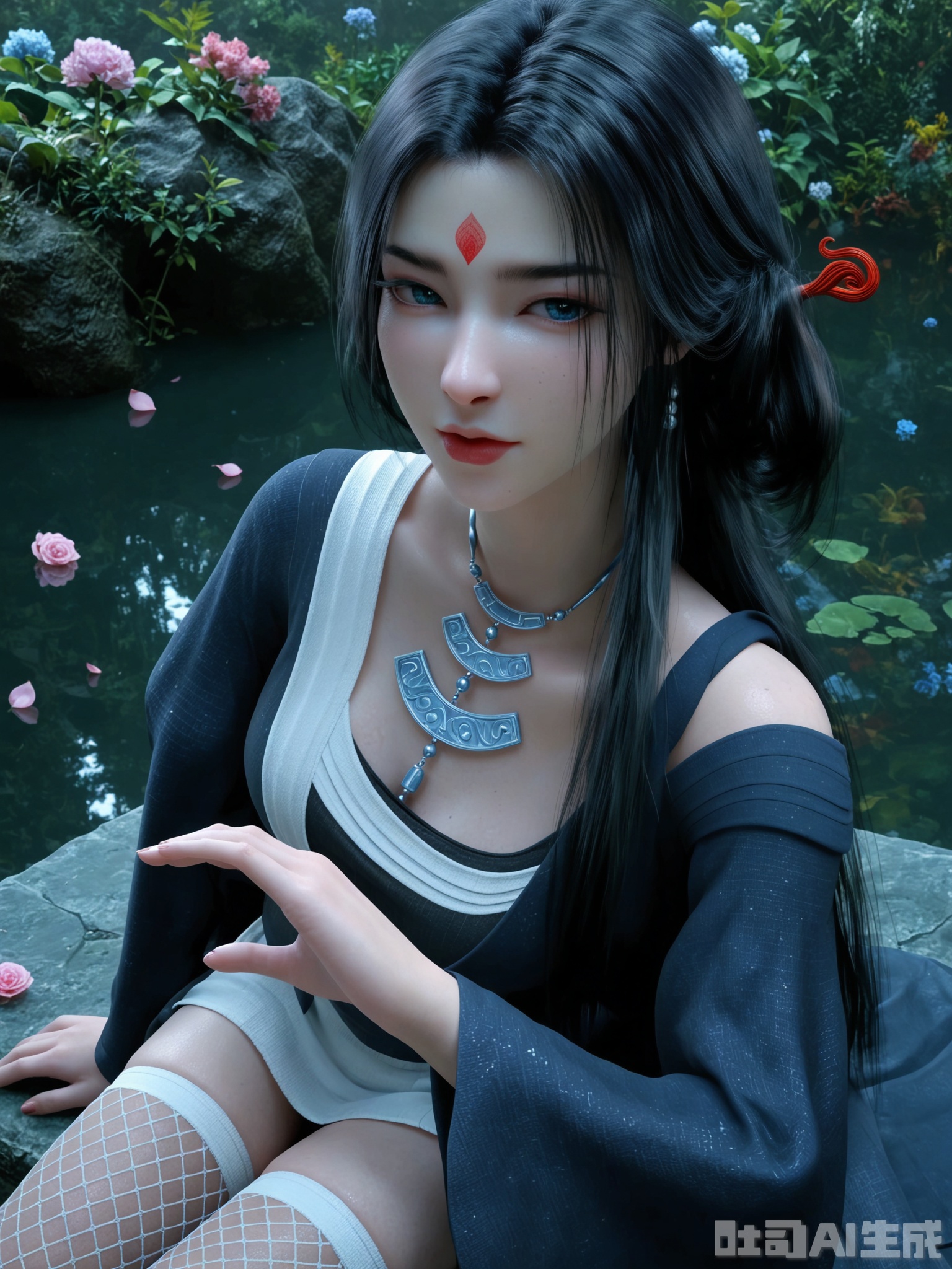 score_9,score_8_up,score_7_up,realistic,photorealistic,1girl,looking_at_viewer,realistic,1girl,Vivid Colors,bright environment,delicate water,hair_ornament,shiny skin,shiny hair,reflection,dress,flower sea,falling petals,extreme detail description,(upper body:0.3),put one hand on your side,long_hair,(skindentation:1.3),Fishnet stockings,bright,sunshine on face,light,sweating,dress,light,sitting_down,