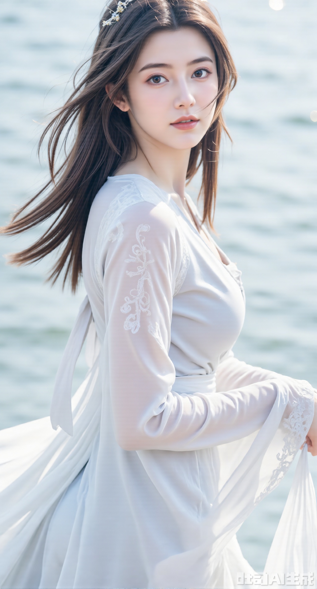 (masterpiece:1.2),best quality, Best quality photo of a pure and airy young woman looking directly at the camera, set against the backdrop of the sea. The woman has a serene expression, her hair gently blowing in the breeze. She is dressed in a flowing white dress that dances with the wind, complemented by the soft, natural light reflecting off the ocean waves. The scene captures a moment of tranquility and freedom, with the vast expanse of the sea stretching into the horizon.,.(huge breasts:2.99),(full breasts:2.99),Xgechuanguangchongstyle,Xyuanxionggirl,Xyunxiao,XyunxiaoYK,Xdixionglianyiqun,Xmiaozufushi,Xqilinxianzi,XTifaLockhart,Xjinshenjianshenfu,Xluxueqishuiyi,Xhongqipao,Xbigbreasts,Xrixirenxiangsheying
