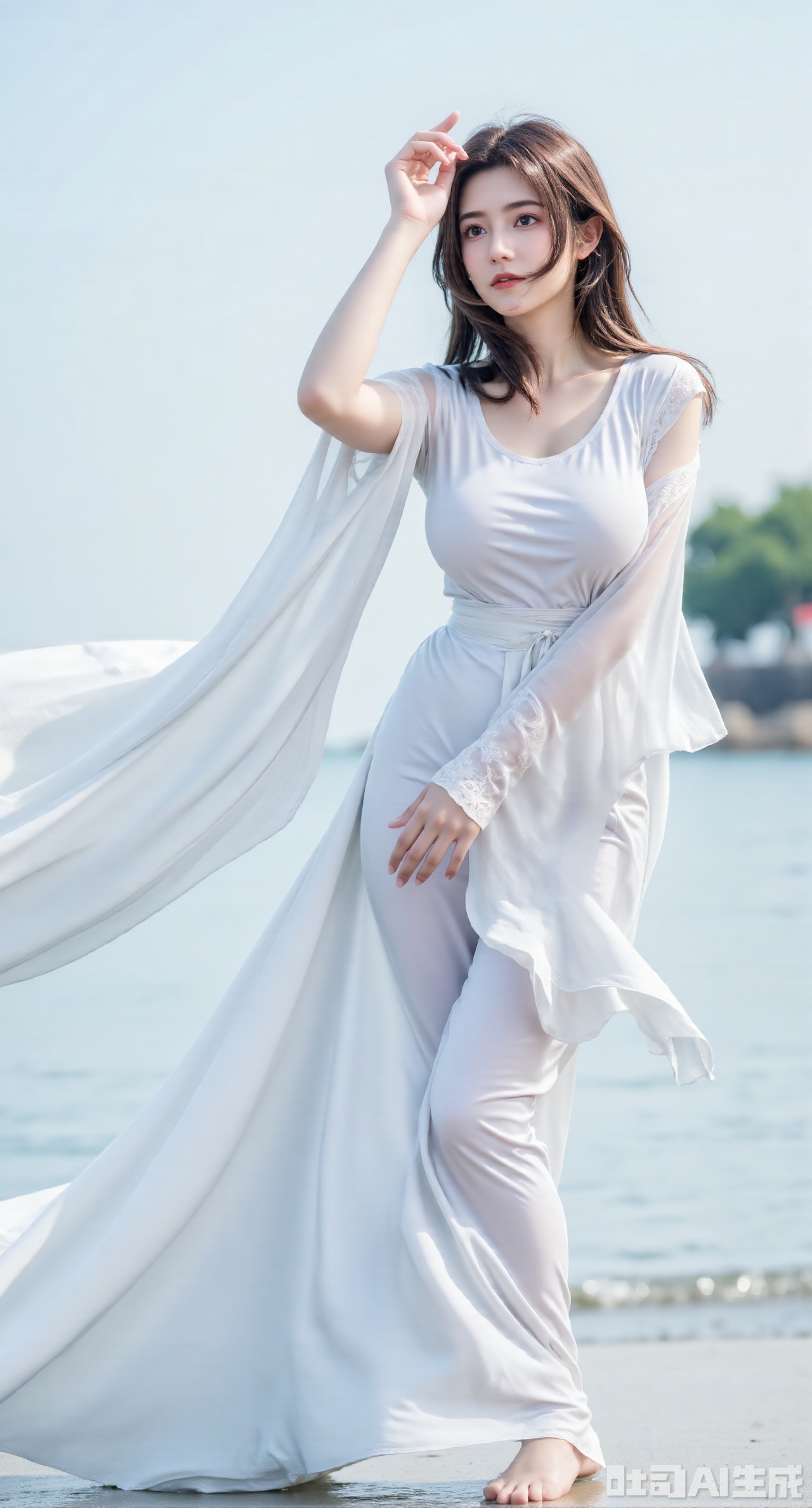 (masterpiece:1.2),best quality, Best quality photo of a pure and airy young woman looking directly at the camera, set against the backdrop of the sea. The woman has a serene expression, her hair gently blowing in the breeze. She is dressed in a flowing white dress that dances with the wind, complemented by the soft, natural light reflecting off the ocean waves. The scene captures a moment of tranquility and freedom, with the vast expanse of the sea stretching into the horizon.,.(huge breasts:2.99),(full breasts:2.99),Xgechuanguangchongstyle,Xyuanxionggirl,Xyunxiao,XyunxiaoYK,Xdixionglianyiqun,Xmiaozufushi,Xqilinxianzi,XTifaLockhart,Xjinshenjianshenfu,Xluxueqishuiyi,Xhongqipao,Xbigbreasts,Xrixirenxiangsheying