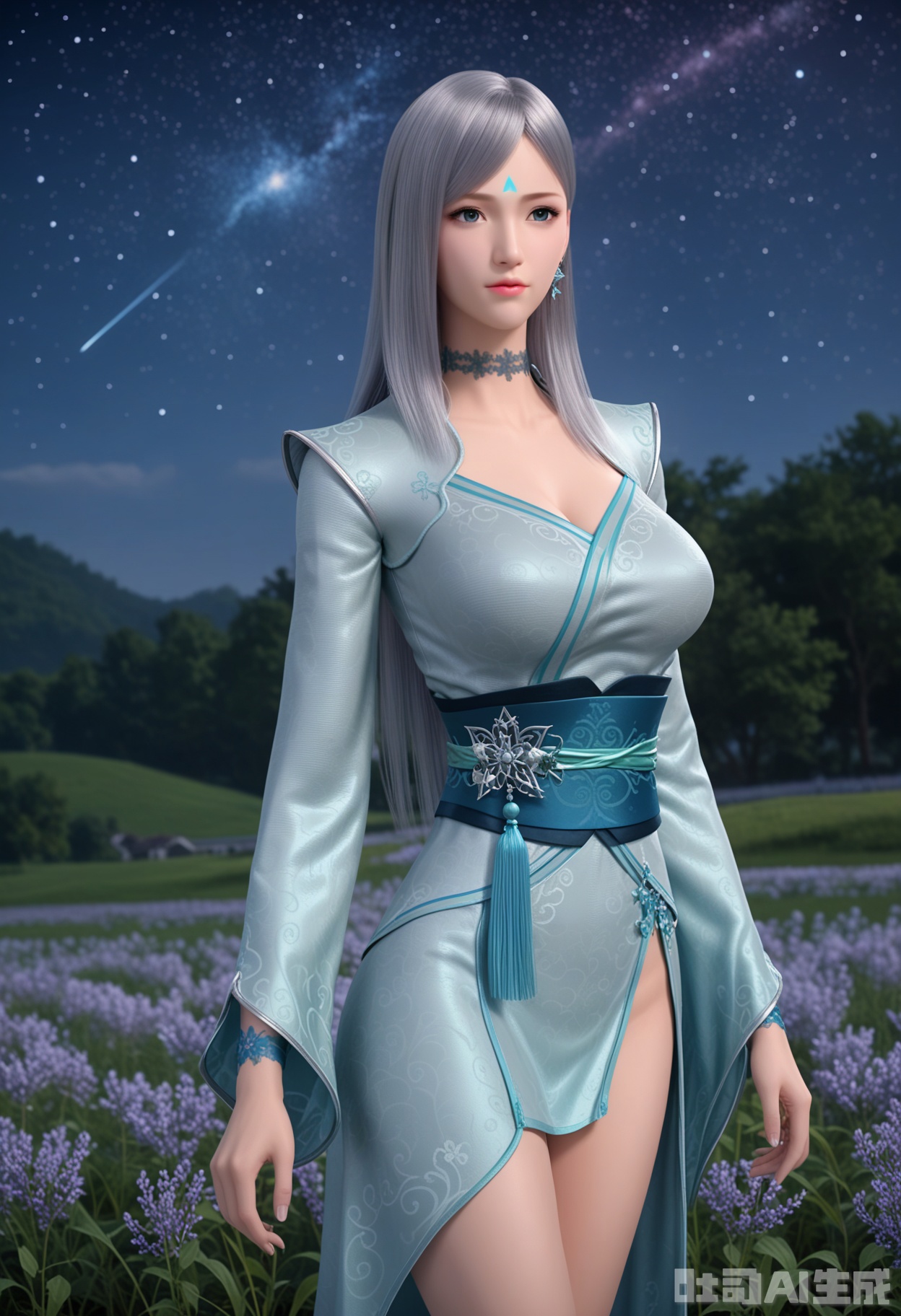 score_9,score_8_up,score_7_up,highly detailed,ultra-high best quality,masterpiece,realistic,ultra-fine painting,extreme detail description,Professional,Vivid Colors,(((extremely detailed CG unity 8k wallpaper))),an extremely delicate and beautiful,official art,sweet and delicate girl,delicate facial features,perfect bright figure,surrounded,Bright,romantic long hair,natural light,warm and sweet,a girl,
xuemei,
1girl,solo,long hair,sash,choker,dress,blue eyes,forehead mark,facial mark,chinese clothes,grey hair,
(in a meadow:1.3),(night:1.2),(stars:1.3),((perfect legs:1.2)),(large breasts:1.2),
