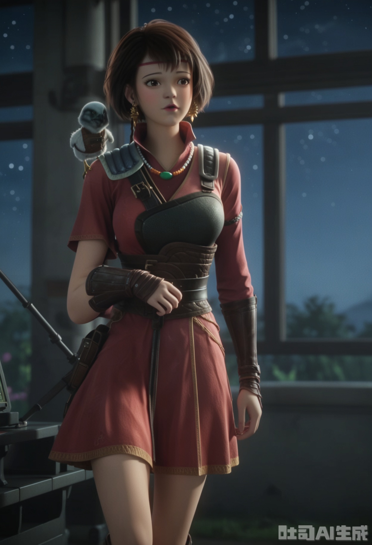 score_9,score_8_up,score_7_up,highly detailed,ultra-high best quality,masterpiece,realistic,ultra-fine painting,extreme detail description,Professional,Vivid Colors,(((extremely detailed CG unity 8k wallpaper))),an extremely delicate and beautiful,official art,sweet and delicate girl,delicate facial features,perfect bright figure,surrounded,Bright,romantic long hair,natural light,warm and sweet,a girl,
maiduo,
1girl, solo,short dress, short hair, brown hair, brown eyes,jewelry, earrings, indoors, necklace, armor,lips, headband, bird, shoulder armor, pauldrons,  shoulder pads, animal on shoulder, bird on shoulder,a bird,
(in a meadow:1.3),(night:1.2),(stars:1.3),((perfect legs:1.2)),(large breasts:1.2),
