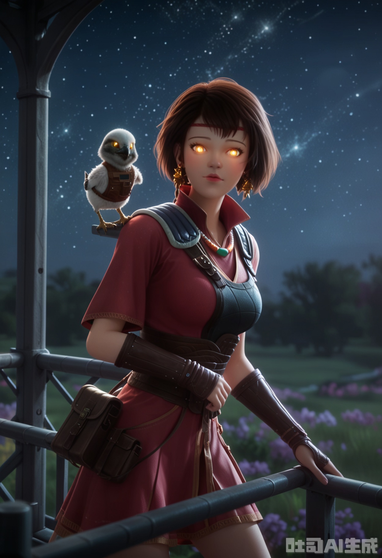 score_9,score_8_up,score_7_up,highly detailed,ultra-high best quality,masterpiece,realistic,ultra-fine painting,extreme detail description,Professional,Vivid Colors,(((extremely detailed CG unity 8k wallpaper))),an extremely delicate and beautiful,official art,sweet and delicate girl,delicate facial features,perfect bright figure,surrounded,Bright,romantic long hair,natural light,warm and sweet,a girl,
maiduo,
1girl, solo,short dress, short hair, brown hair,  yellow eyes, glowing eyes, dark,jewelry, earrings, indoors, necklace, armor,lips, headband, bird, shoulder armor, pauldrons, realistic, shoulder pads, animal on shoulder, bird on shoulder,
upper body,
(in a meadow:1.3),(night:1.2),(stars:1.3),((perfect legs:1.2)),(large breasts:1.2),
