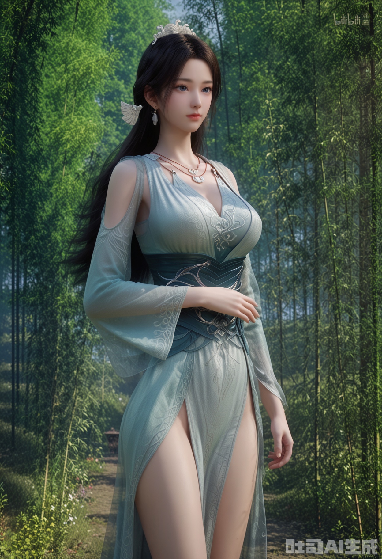 score_9,score_8_up,score_7_up,highly detailed,ultra-high best quality,masterpiece,realistic,ultra-fine painting,extreme detail description,Professional,Vivid Colors,(((extremely detailed CG unity 8k wallpaper))),an extremely delicate and beautiful,official art,sweet and delicate girl,delicate facial features,perfect bright figure,surrounded,Bright,romantic long hair,natural light,warm and sweet,a girl,
1girl, solo, long hair, breast,earrings,(hair ornament:1.3),dress,black hair,blue eyes,thick thighs, jewelry, necklace,
(in a meadow:1.3),((perfect legs:1.2)),(large breasts:1.2),
